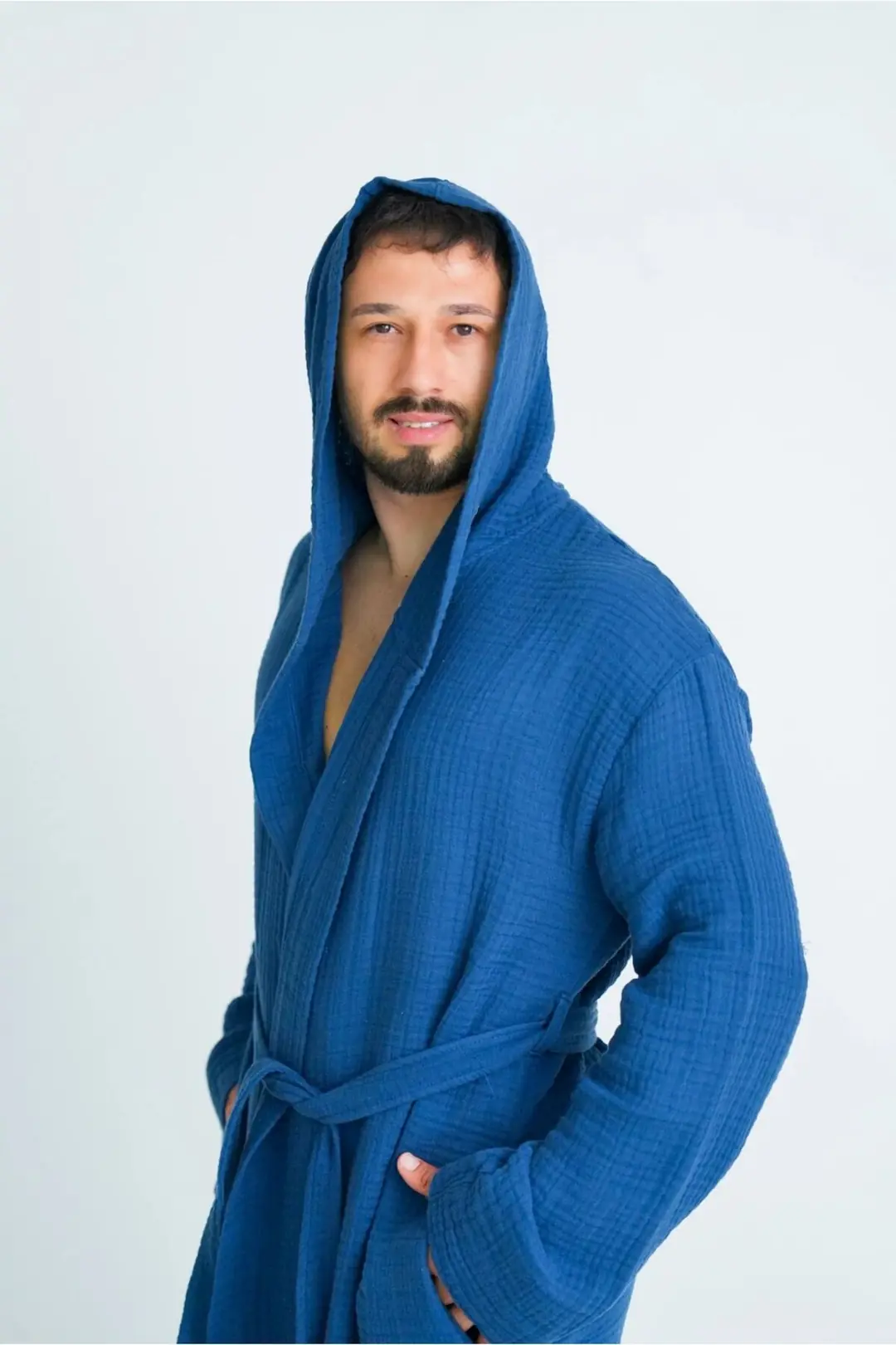 %100 Pamuk 4 Kat Müslin Unisex Kapüşonlu Bornoz - Lacivert