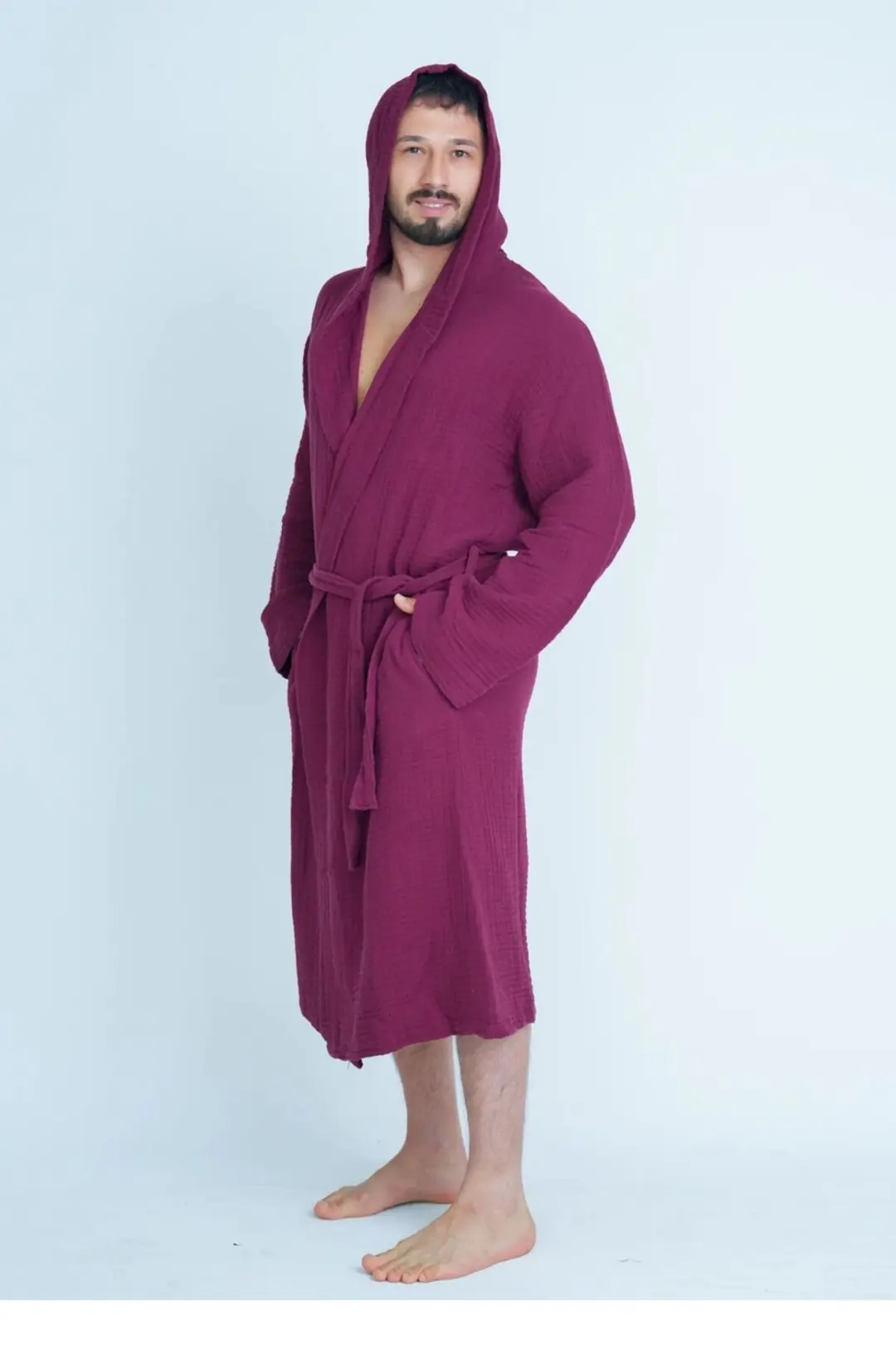 %100 Pamuk 4 Kat Müslin Unisex Kapüşonlu Bornoz - Bordo