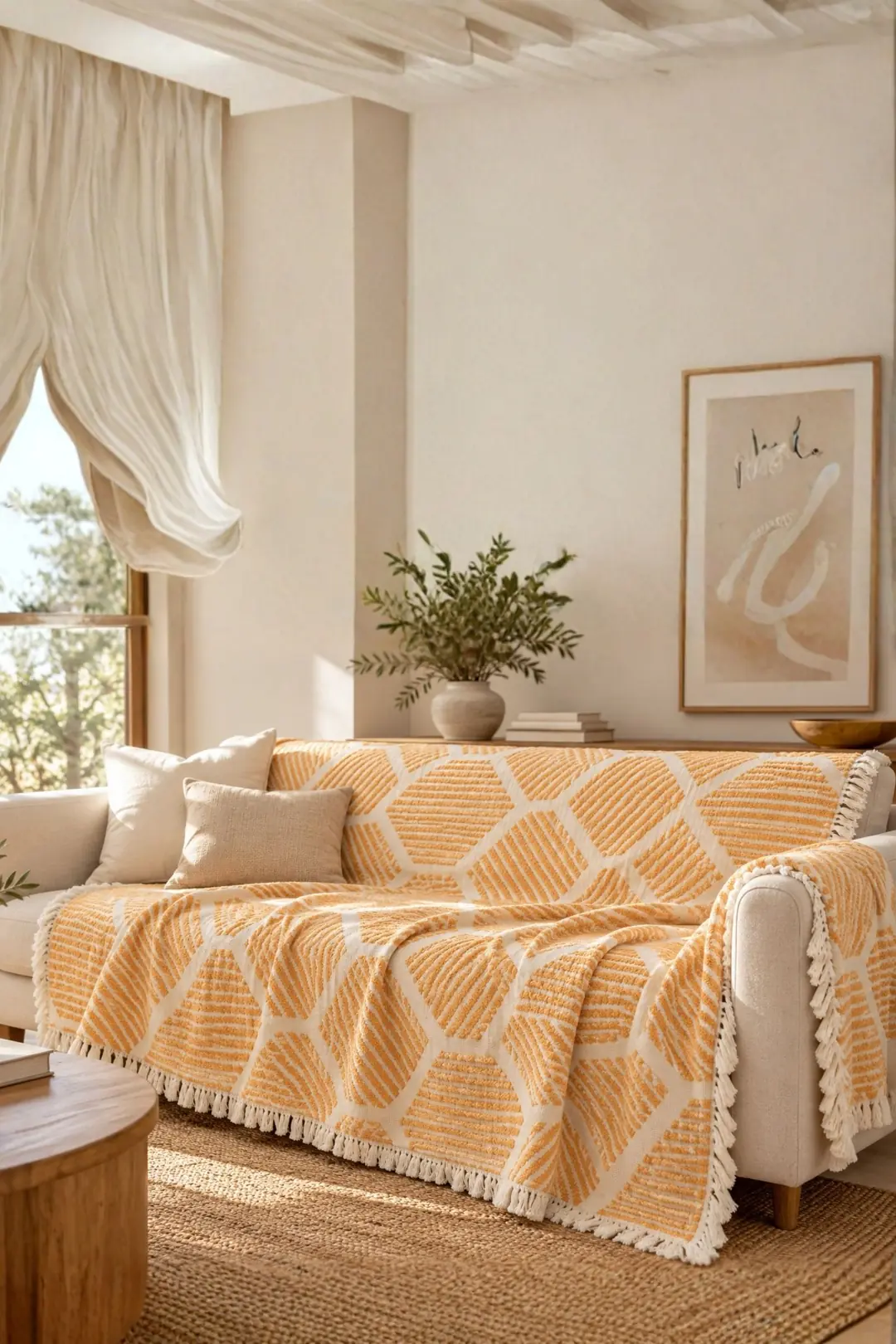 Ürün görseli: Petek %100 Pamuk Jakarlı Throw & Battaniye - Koltuk Şalı 180x220cm - Sarı