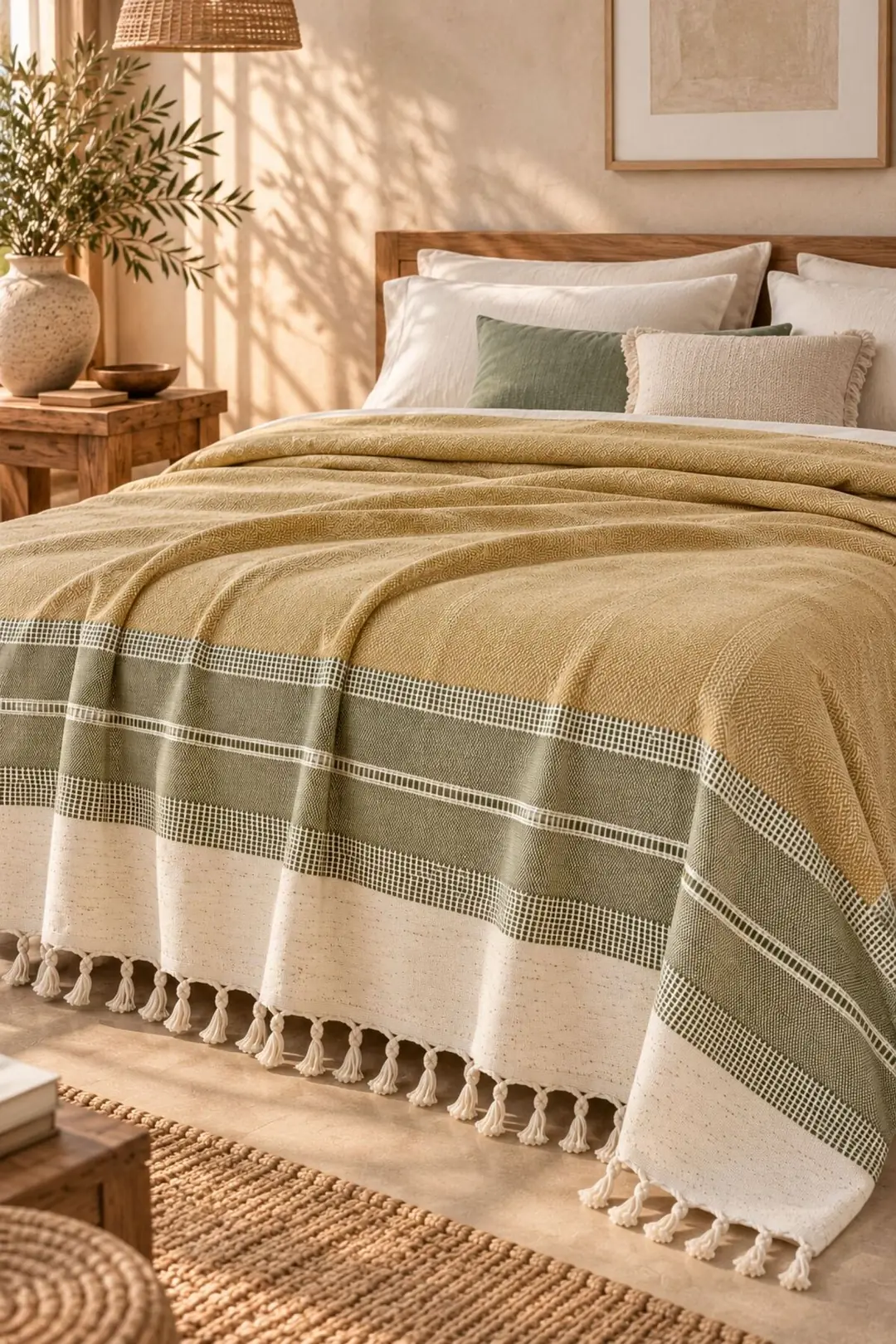 Buldan Kara Desen %100 Pamuk Çift Kişilik Yatak Örtüsü, Pike & Koltuk Örtüsü Şalı - Yesil   200cm x 220cm