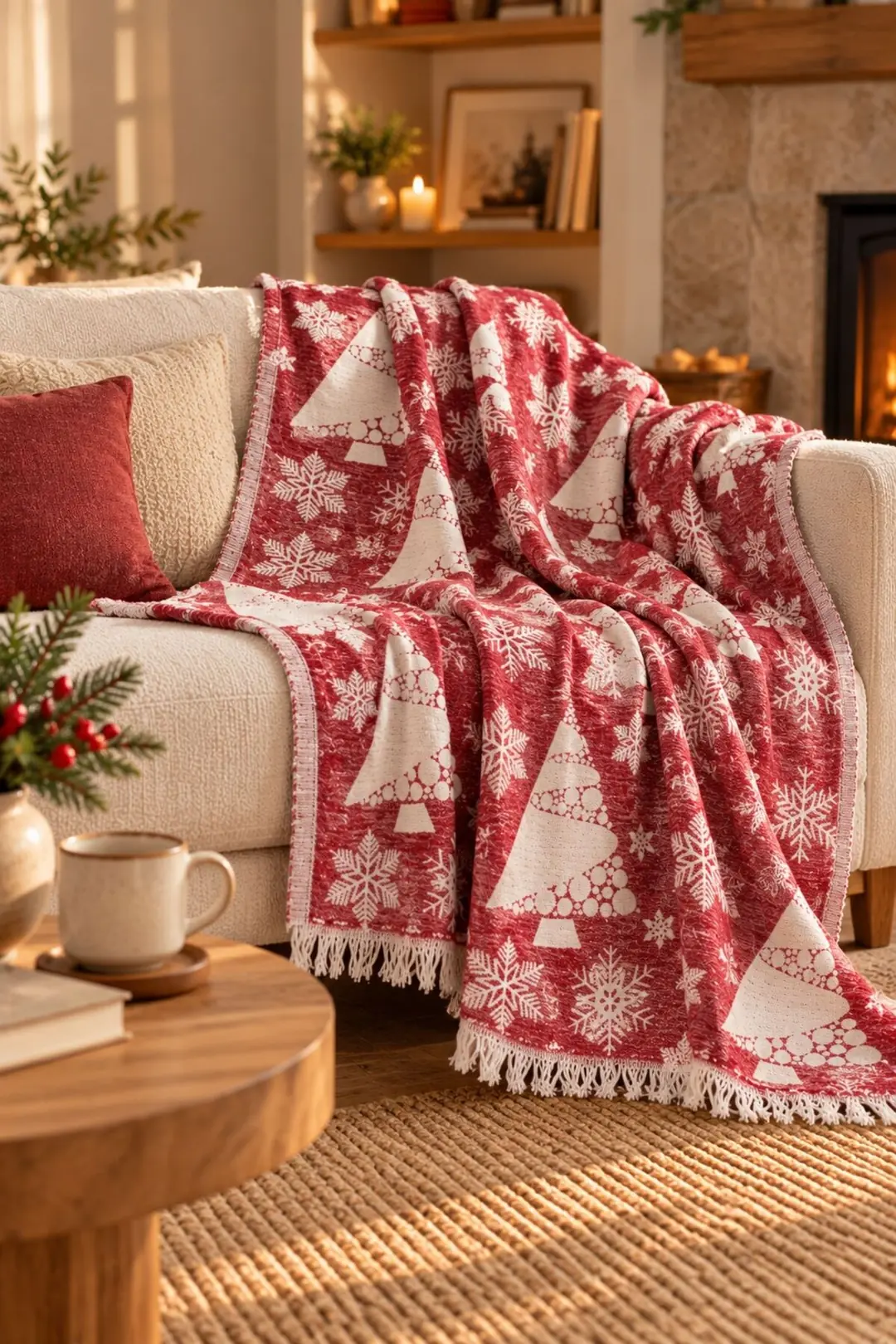Ürün görseli: Winter %100 Pamuk Jakarlı Throw & Battaniye - Koltuk Şalı 140x210cm - kırmızı