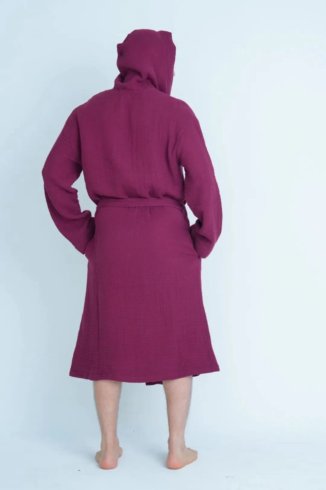 %100 Pamuk 4 Kat Müslin Unisex Kapüşonlu Bornoz - Bordo