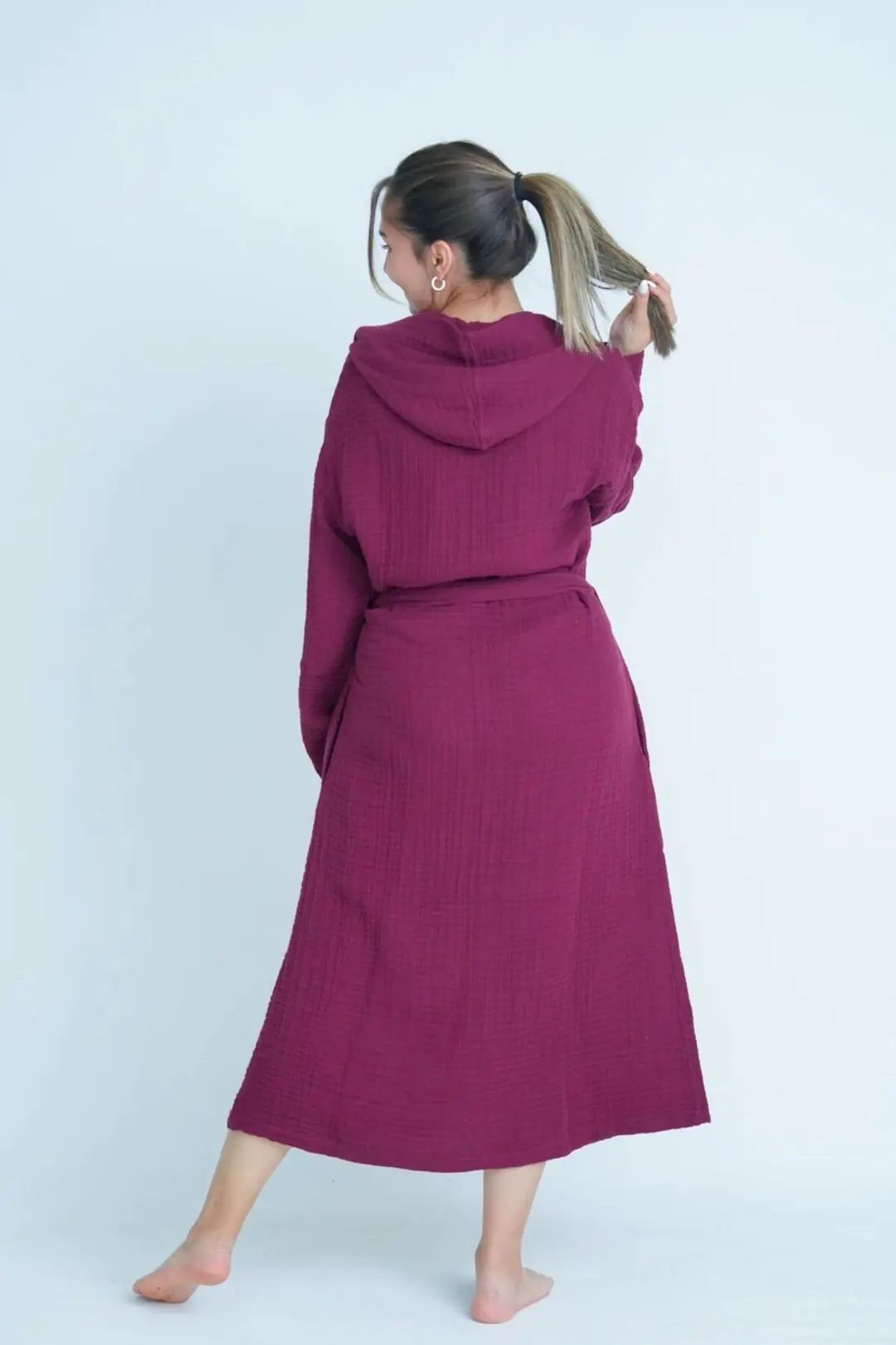 %100 Pamuk 4 Kat Müslin Unisex Kapüşonlu Bornoz - Bordo