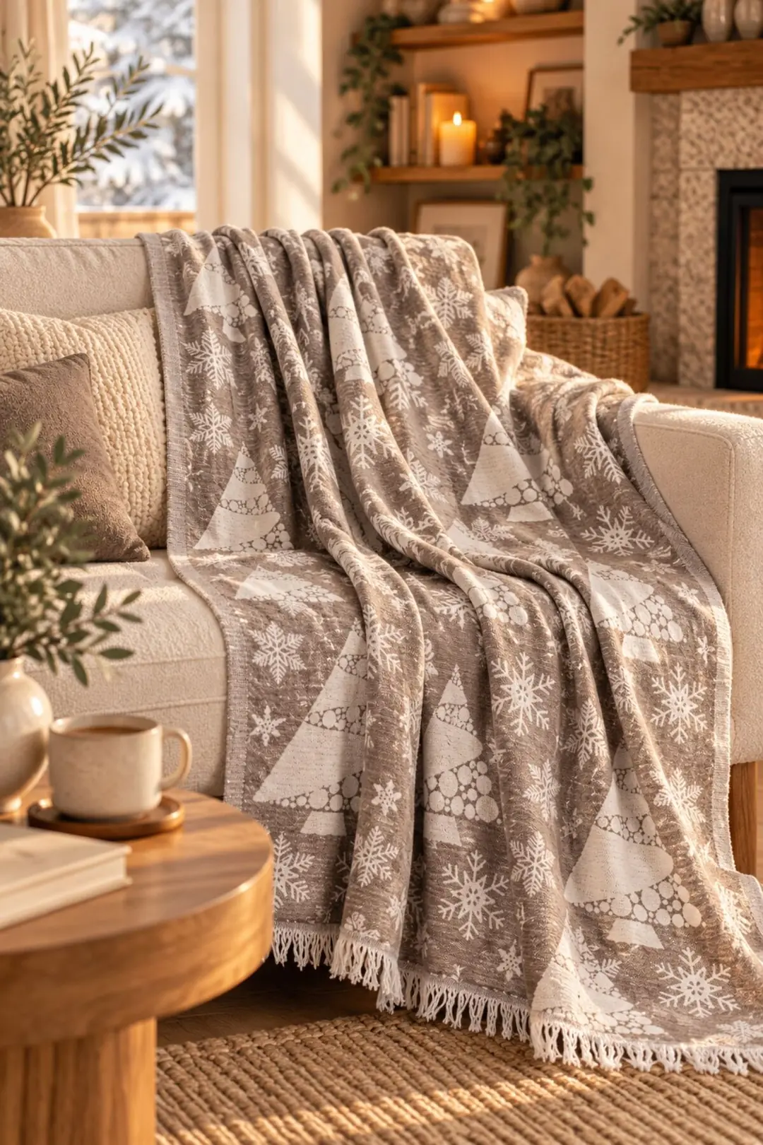 Ürün görseli: Winter %100 Pamuk Jakarlı Throw & Battaniye - Koltuk Şalı 140x210cm - Bej