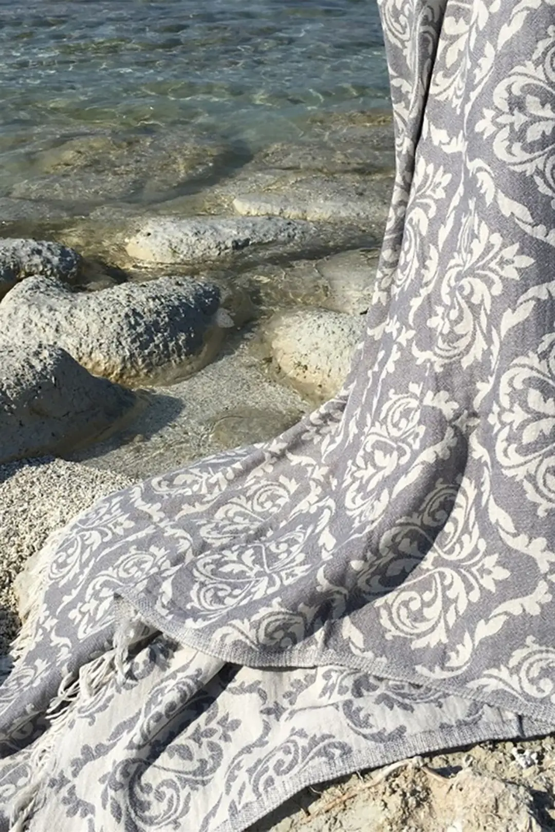%100 Pamuk Peştamal - Spa & Plaj - Barok Desenli Gri - 90x170 cm