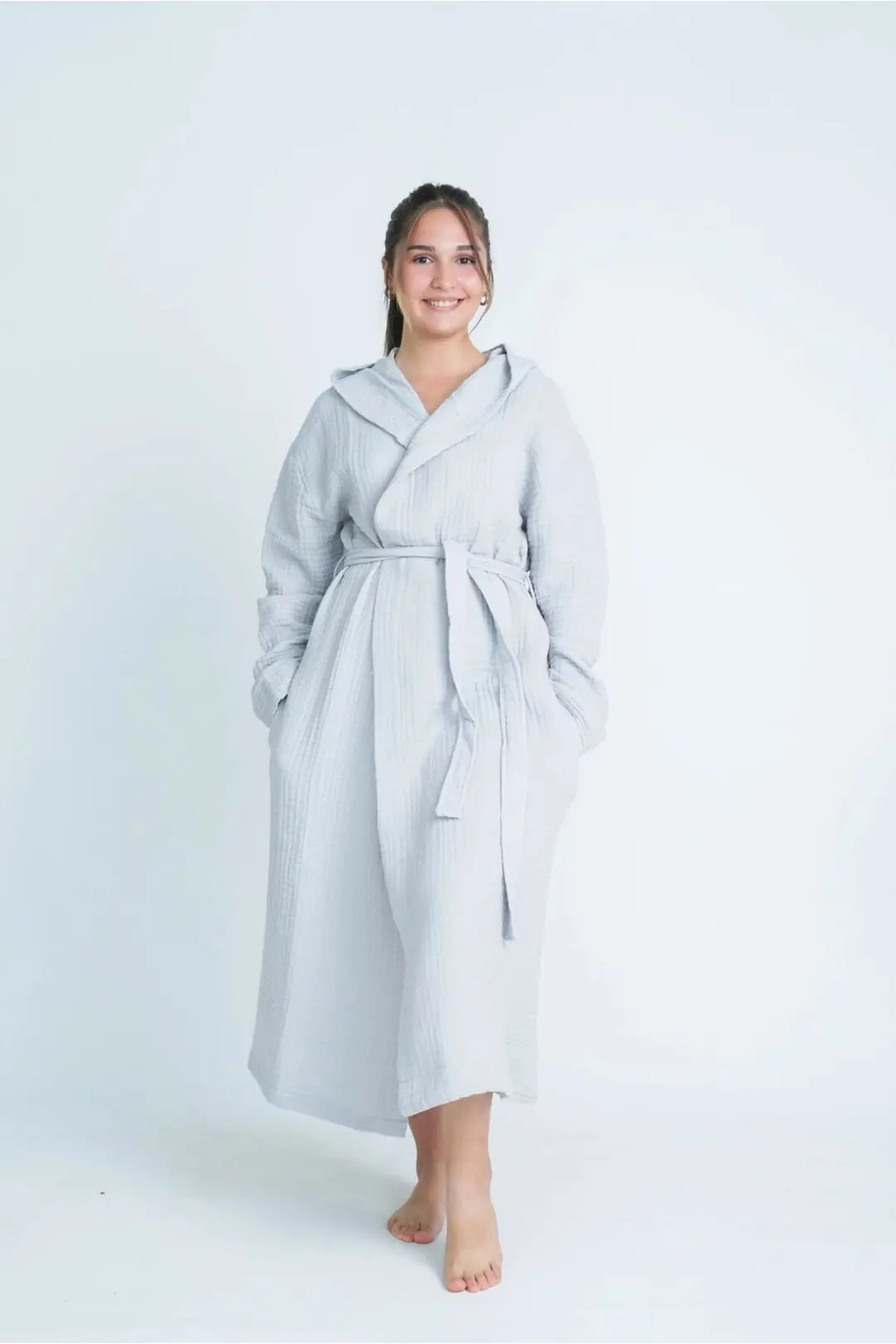 %100 Pamuk 4 Kat Müslin Unisex Kapüşonlu Bornoz - Gri