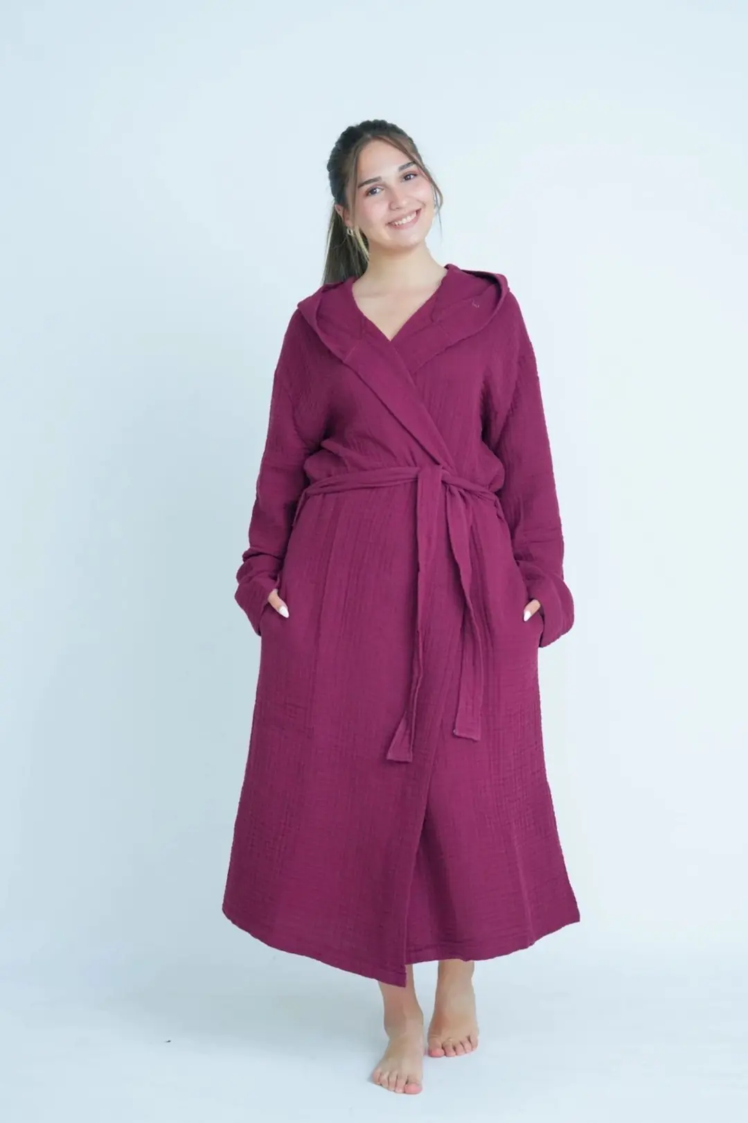 %100 Pamuk 4 Kat Müslin Unisex Kapüşonlu Bornoz - Bordo