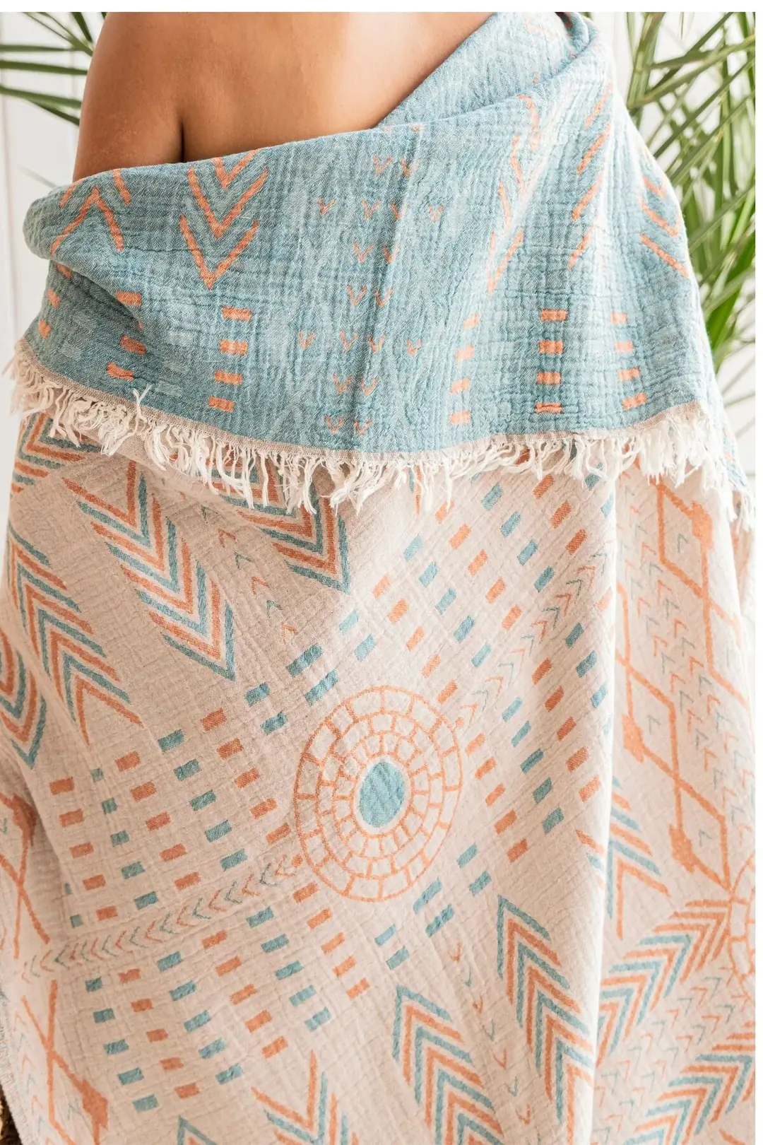 Etnik Desen Jakarlı Dokuma Müslin Çok Amaçlı Şal & Throw - Turkuaz 130 x 150 cm.