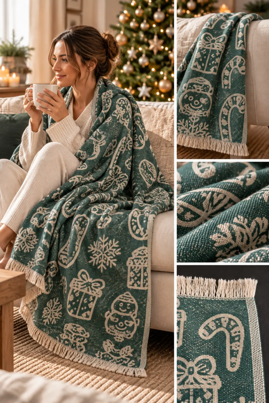 Christmas %100 Pamuk Jakarlı Throw & Battaniye - Koltuk Şalı 140x210cm