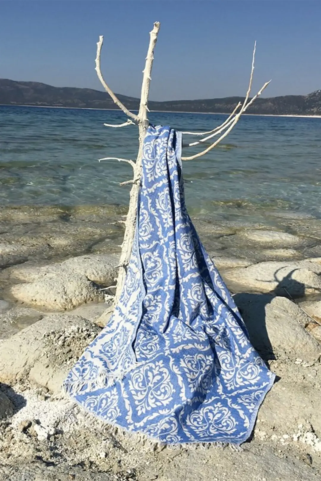%100 Pamuk Peştamal - Spa & Plaj - Barok Desenli Mavi - 90x170 cm
