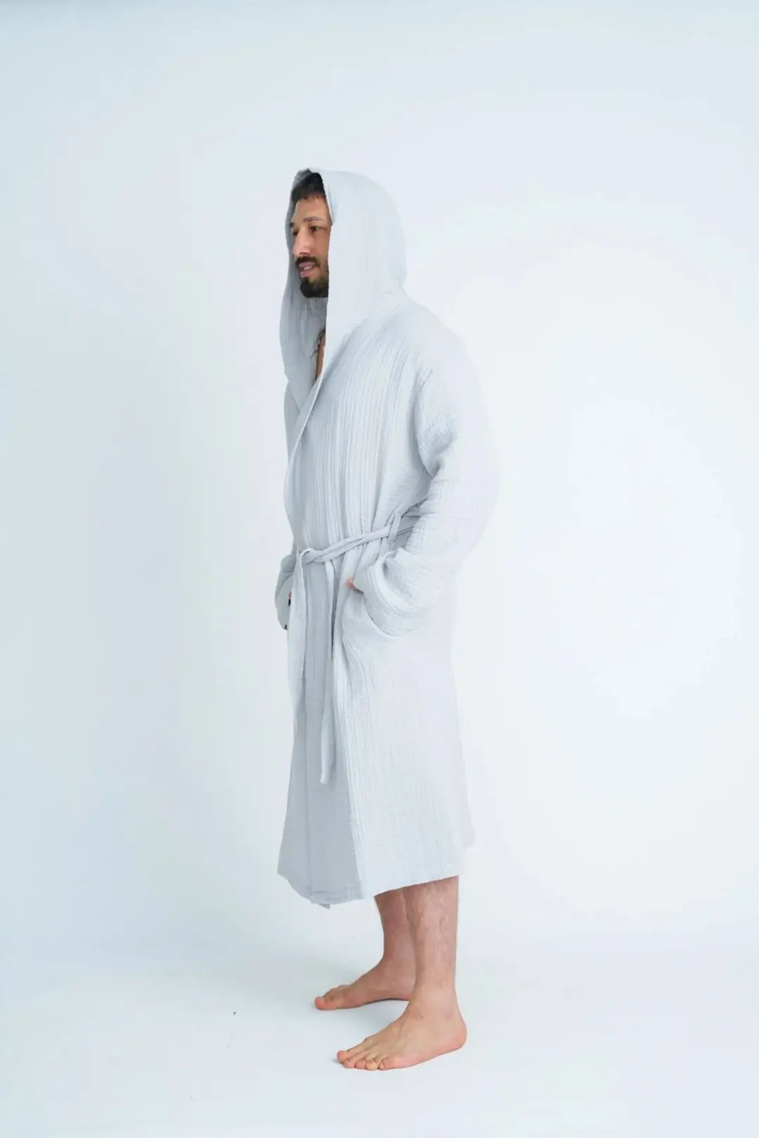 %100 Pamuk 4 Kat Müslin Unisex Kapüşonlu Bornoz - Gri
