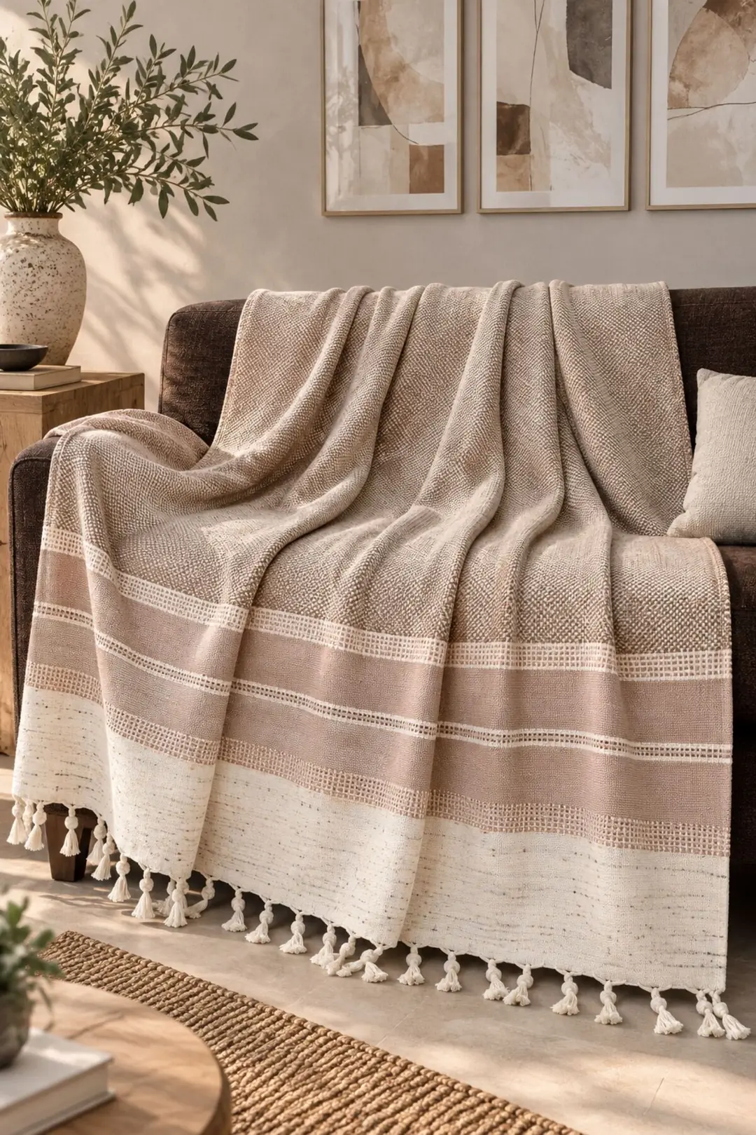 Ürün görseli: Buldan Kara Desen %100 Pamuk Çift Kişilik Yatak Örtüsü, Pike & Koltuk Örtüsü Şalı - Kahverengi  200cm x 220cm