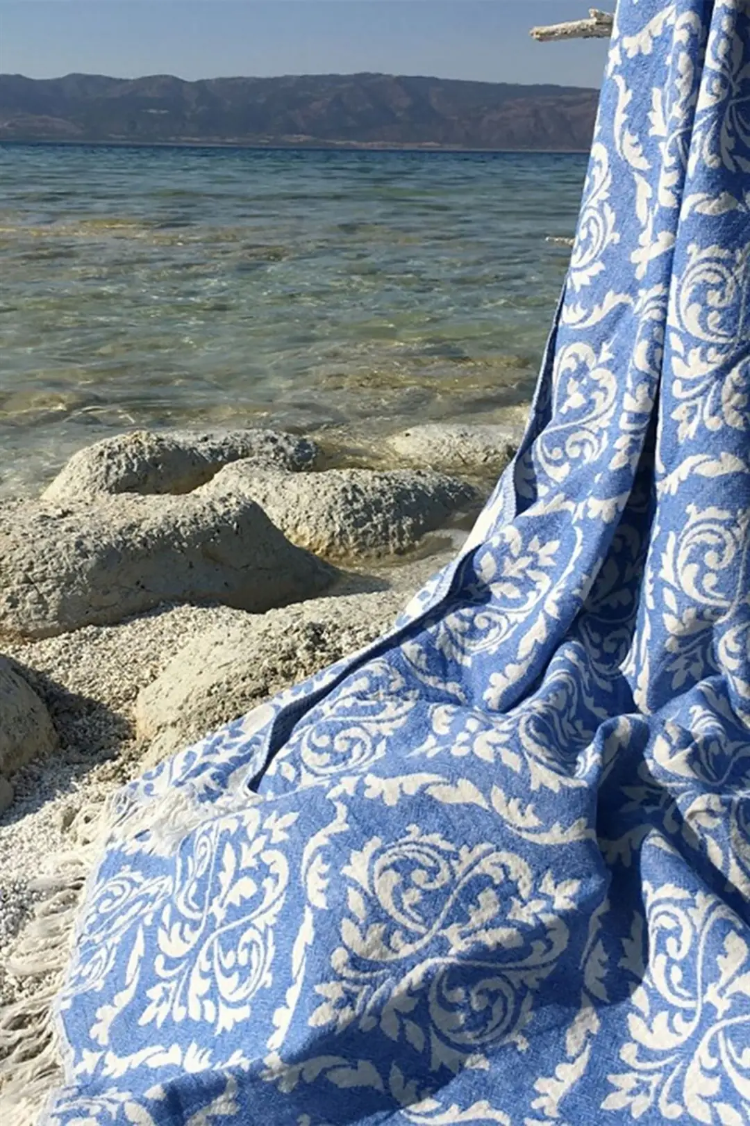 %100 Pamuk Peştamal - Spa & Plaj - Barok Desenli Mavi - 90x170 cm