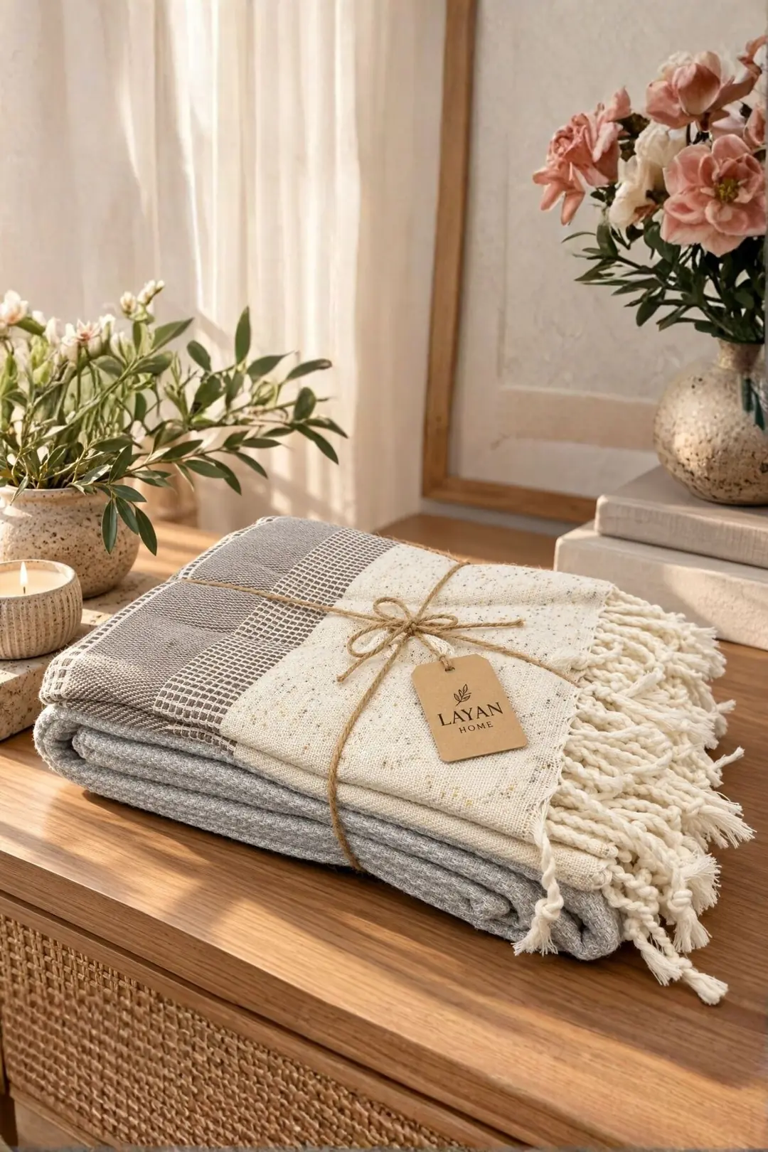 Buldan Kara Desen %100 Pamuk Çift Kişilik Yatak Örtüsü, Pike & Koltuk Örtüsü Şalı - Gri  200cm x 220cm