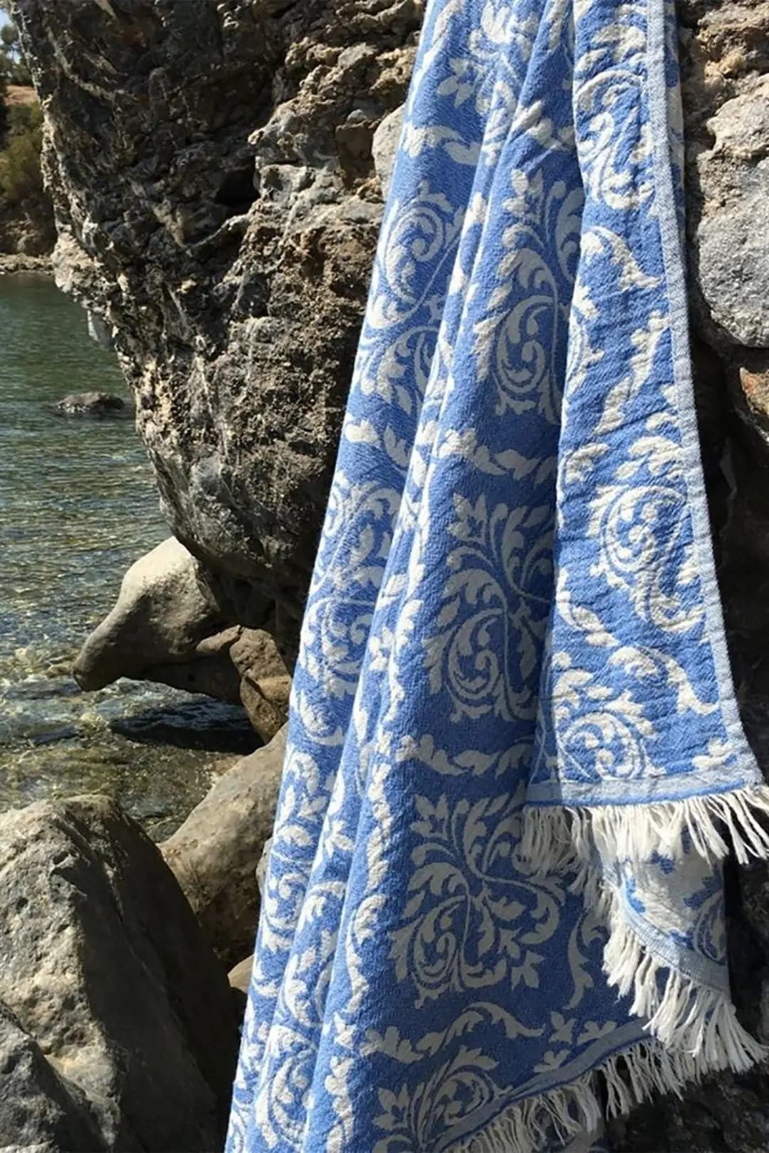 %100 Pamuk Peştamal - Spa & Plaj - Barok Desenli Mavi - 90x170 cm