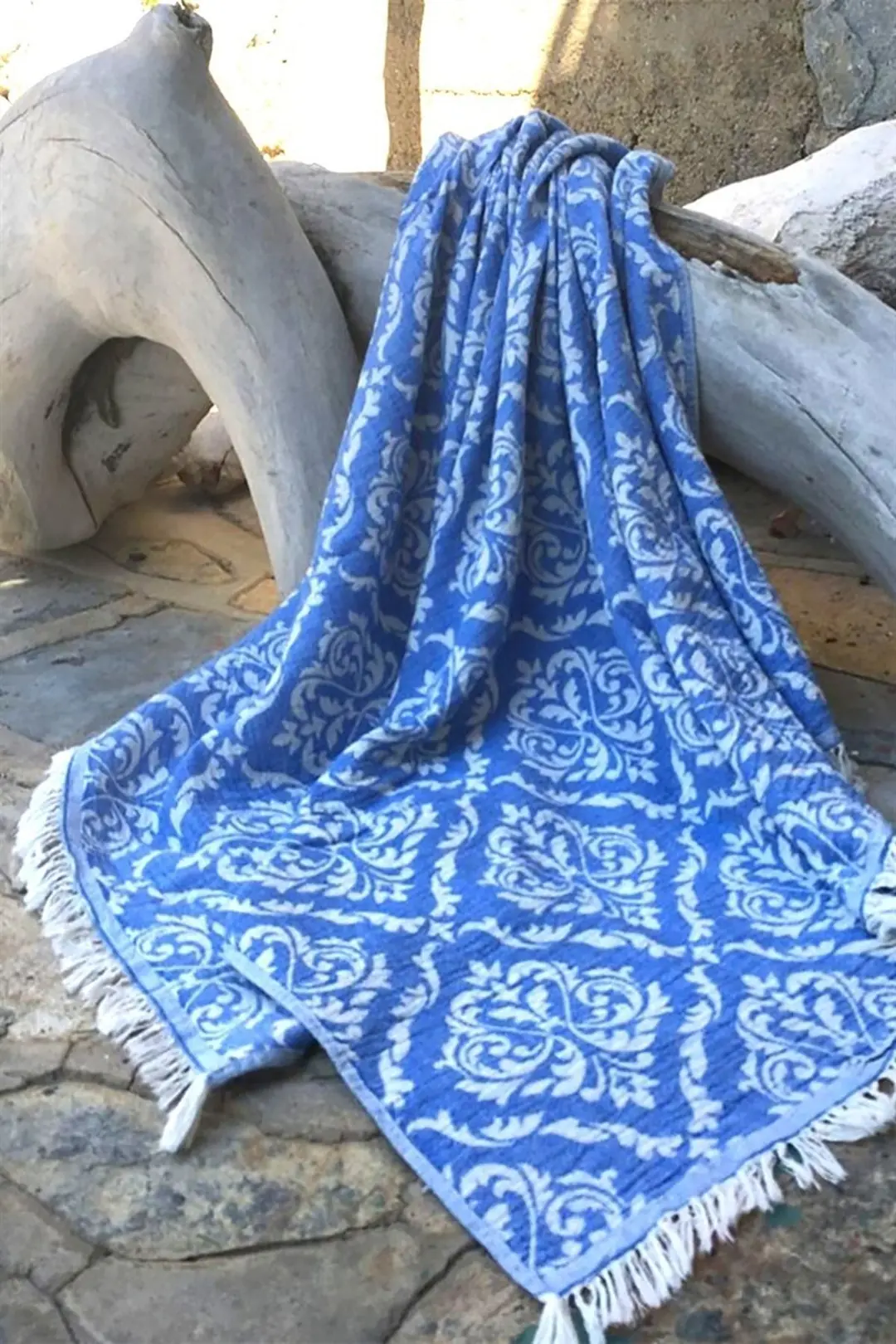 %100 Pamuk Peştamal - Spa & Plaj - Barok Desenli Mavi - 90x170 cm