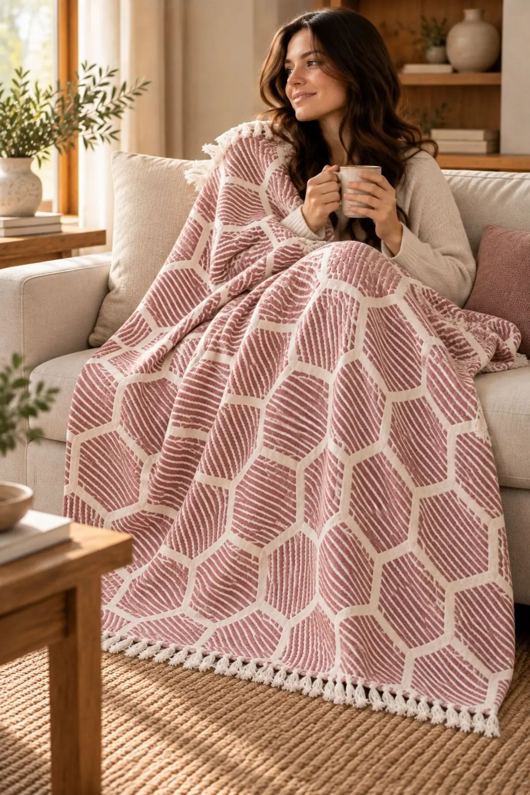 Petek %100 Pamuk Jakarlı Throw & Battaniye - Koltuk Şalı 180x220cm