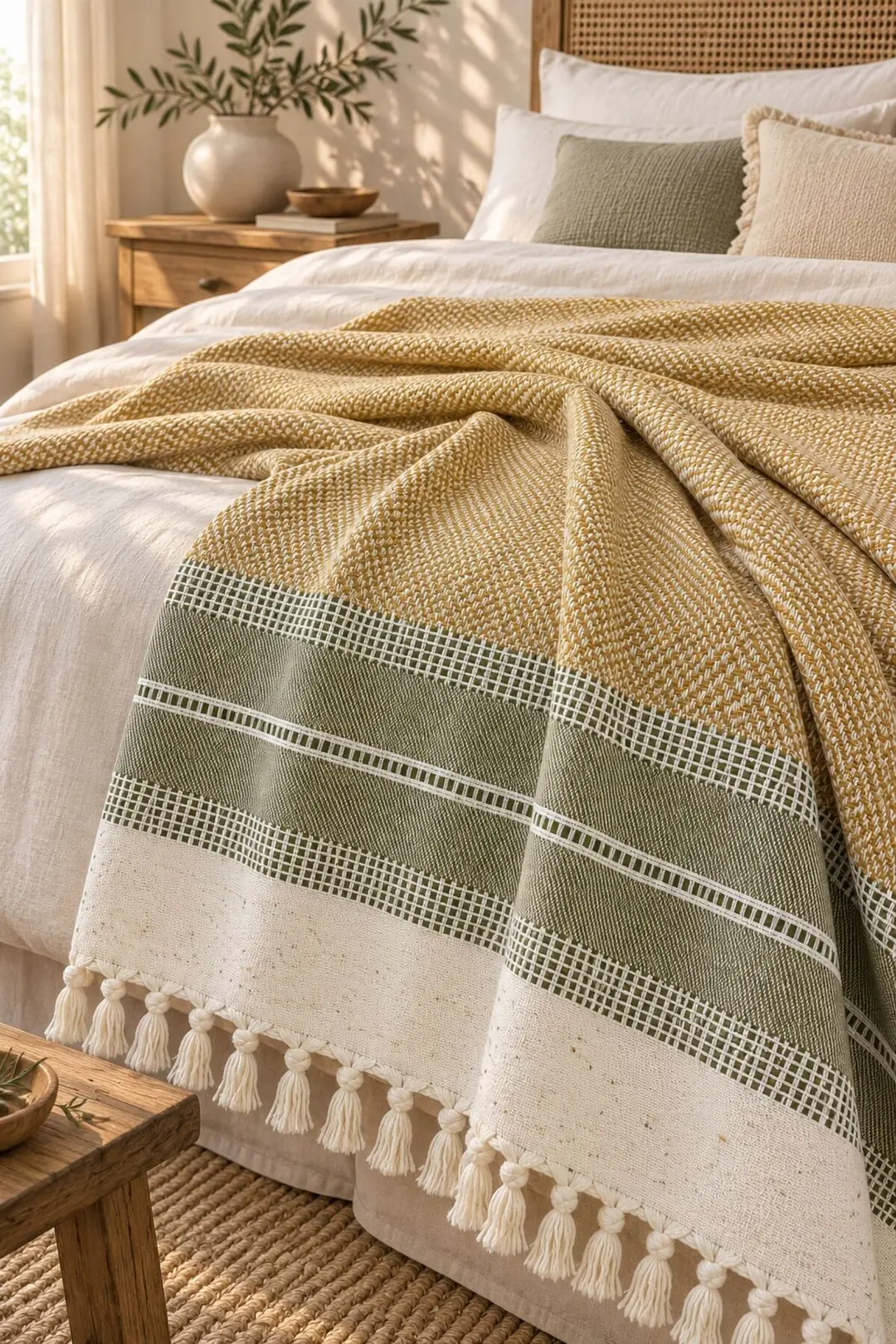 Buldan Kara Desen %100 Pamuk Çift Kişilik Yatak Örtüsü, Pike & Koltuk Örtüsü Şalı - Yesil   200cm x 220cm