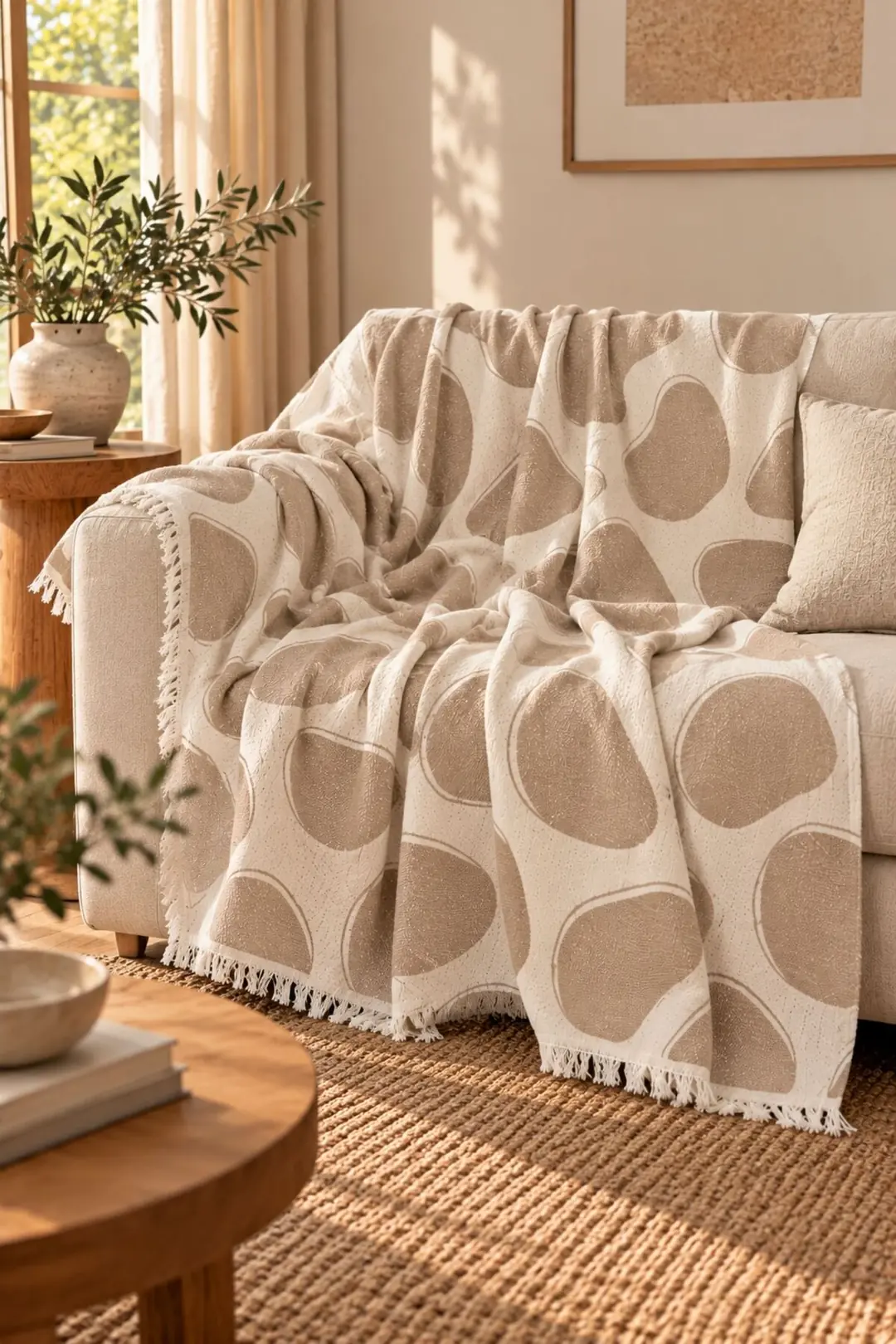 Ürün görseli: Pebble %100 Pamuk Müslin Jakarlı Throw & Battaniye - Koltuk Şalı 145x210cm - Bej