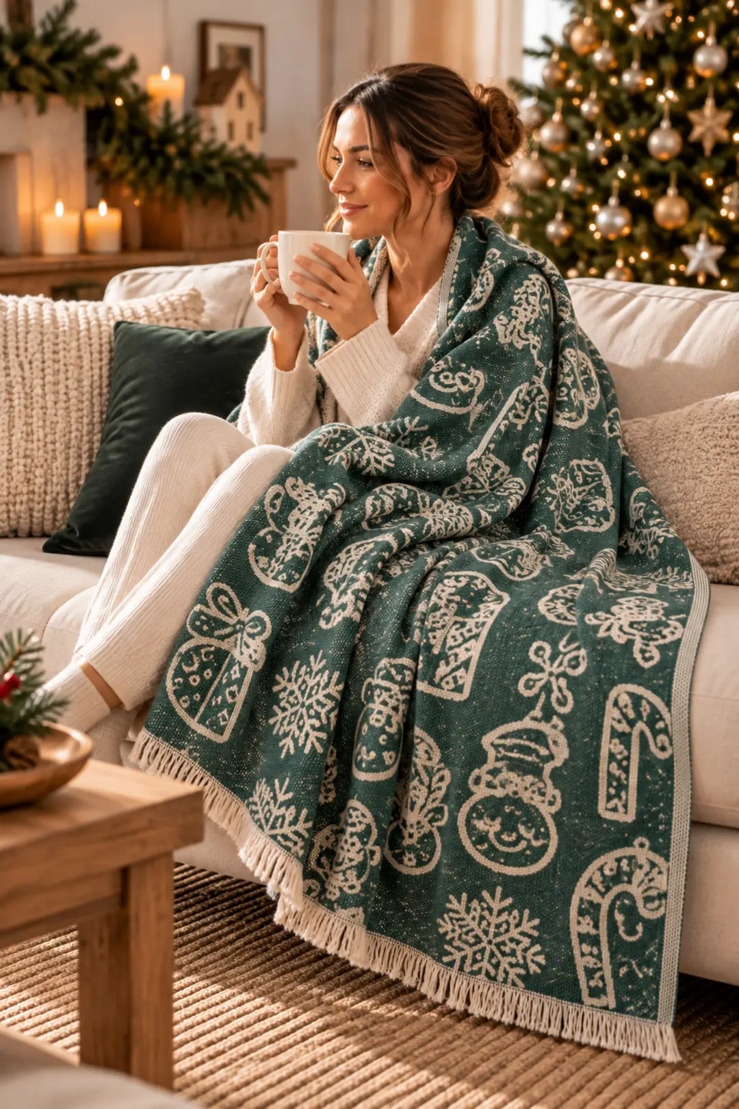 Christmas %100 Pamuk Jakarlı Throw & Battaniye - Koltuk Şalı 140x210cm