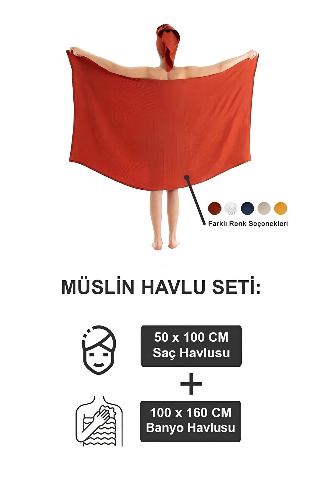 Müslin Banyo-Plaj Havlu Seti - Yumuşak & Yüksek Su Emici - %100 Pamuk - Kiremit