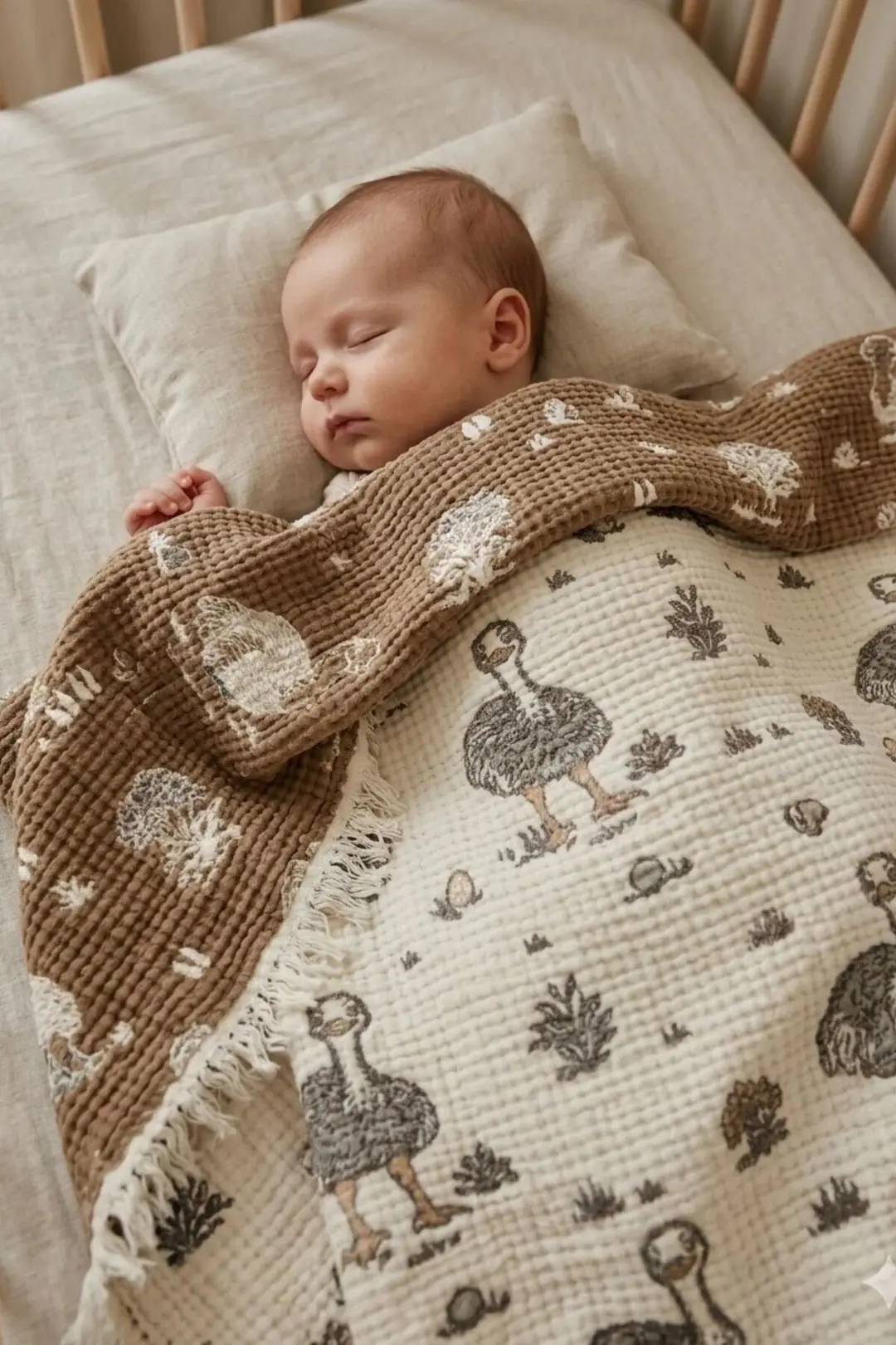 Ürün görseli: Müslin Dolgulu Bebek Yorganı Deve Kuşu Desen 130x130 cm