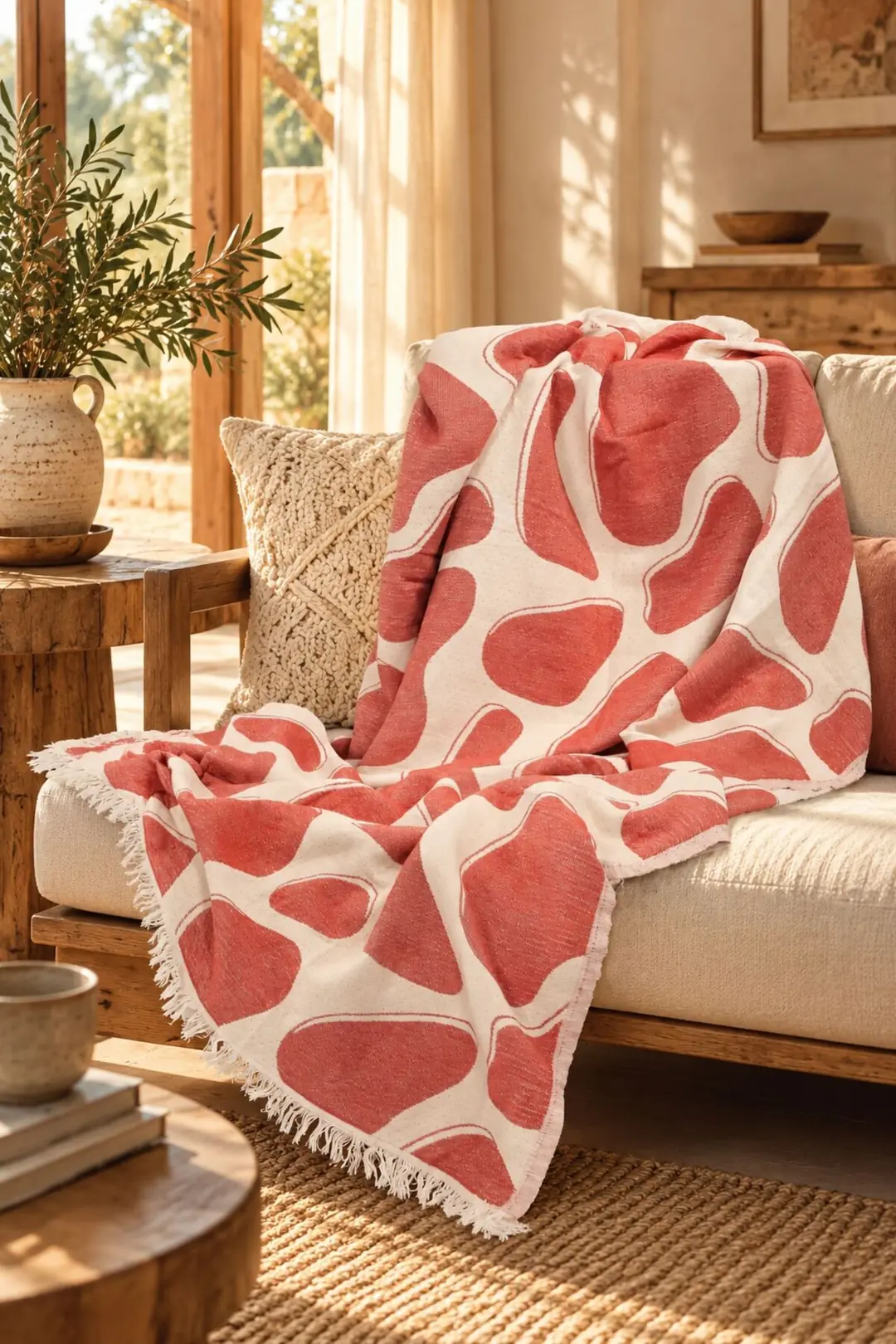 Ürün görseli: Pebble %100 Pamuk Müslin Jakarlı Throw & Battaniye - Koltuk Şalı 145x210cm - kiremit