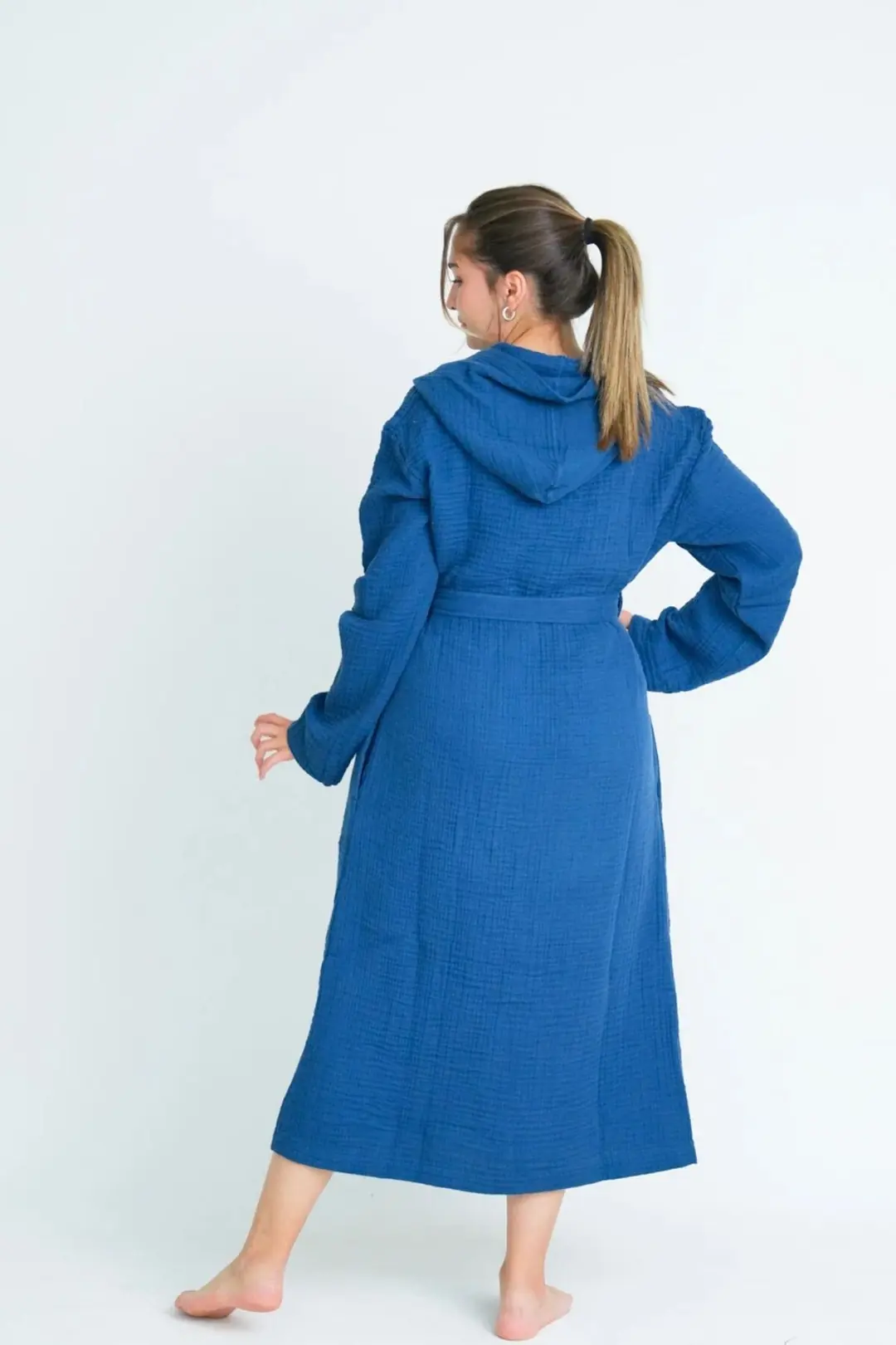 %100 Pamuk 4 Kat Müslin Unisex Kapüşonlu Bornoz - Lacivert
