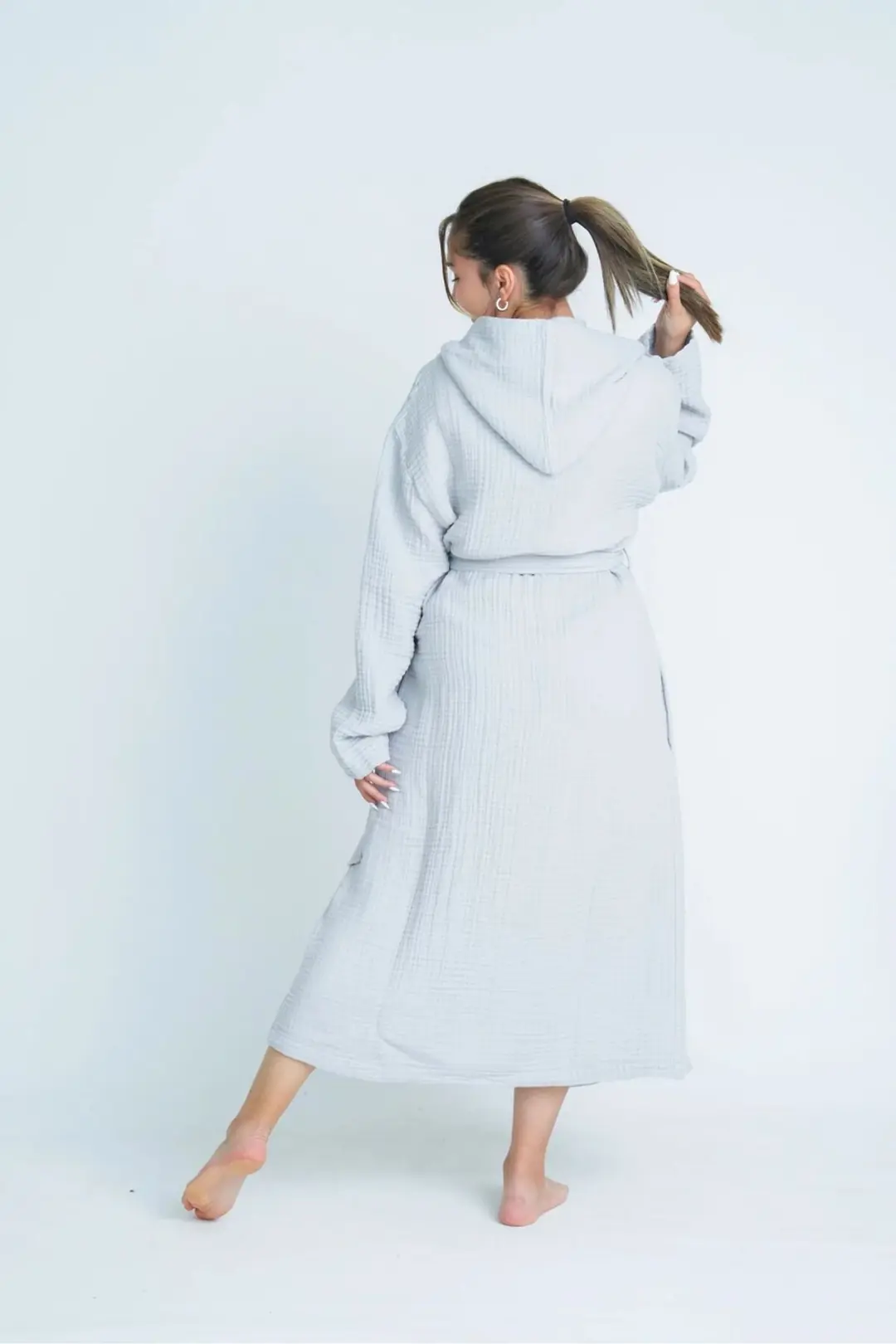 %100 Pamuk 4 Kat Müslin Unisex Kapüşonlu Bornoz - Gri