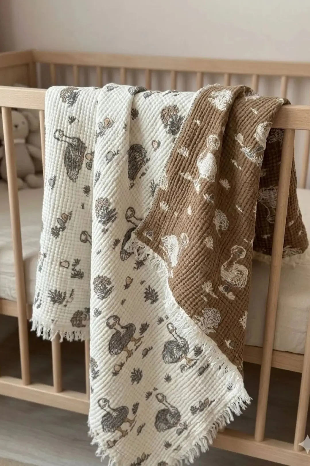 Müslin Dolgulu Bebek Yorganı Deve Kuşu Desen 130x130 cm