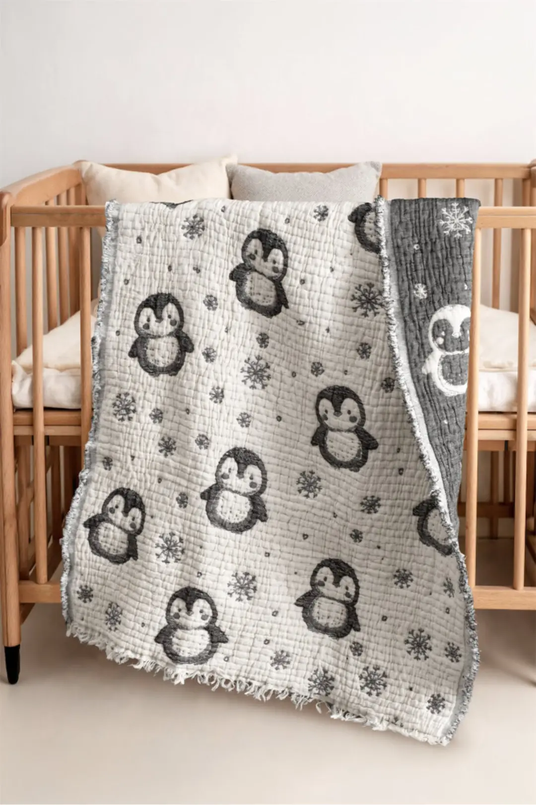 Ürün görseli: %100 Pamuk Müslin Bebek Örtüsü - Penguen Desen - Siyah- 80x110 cm