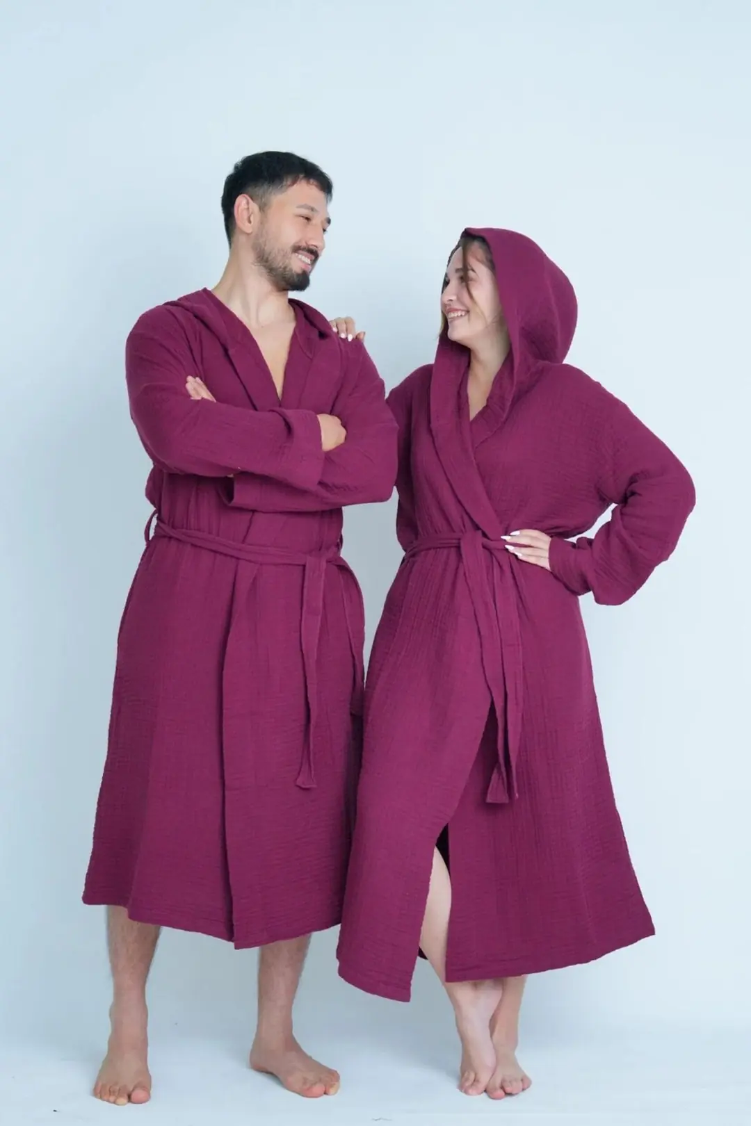 %100 Pamuk 4 Kat Müslin Unisex Kapüşonlu Bornoz - Bordo