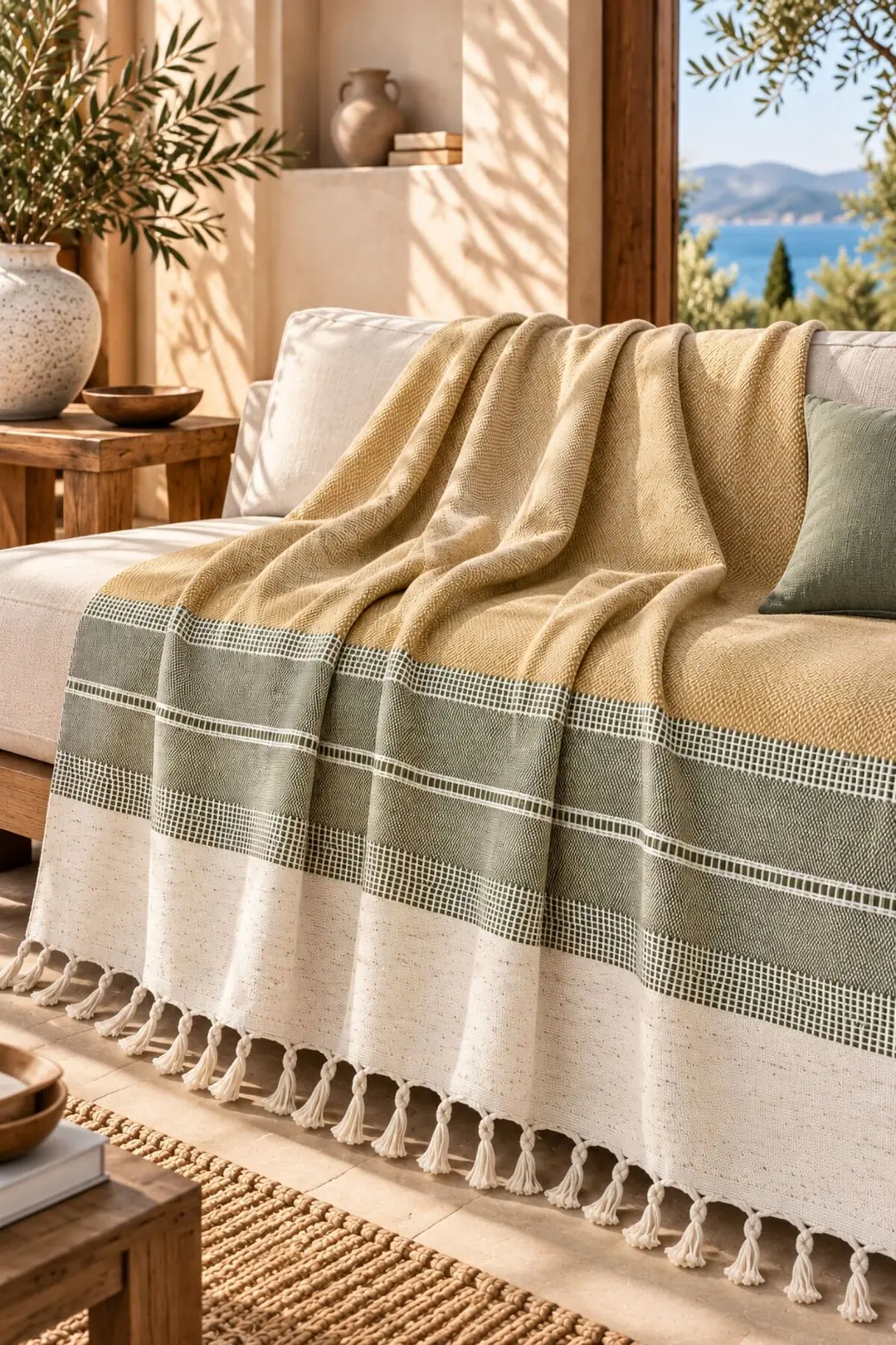 Buldan Kara Desen %100 Pamuk Çift Kişilik Yatak Örtüsü, Pike & Koltuk Örtüsü Şalı - Yesil   200cm x 220cm