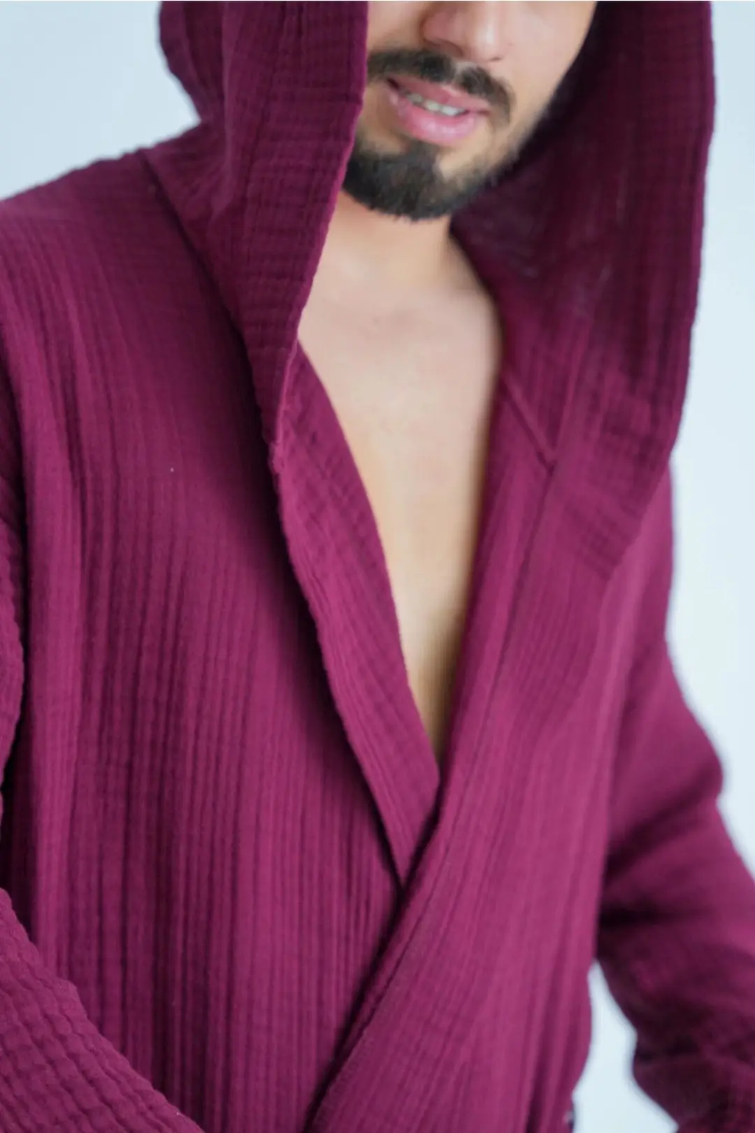 %100 Pamuk 4 Kat Müslin Unisex Kapüşonlu Bornoz - Bordo