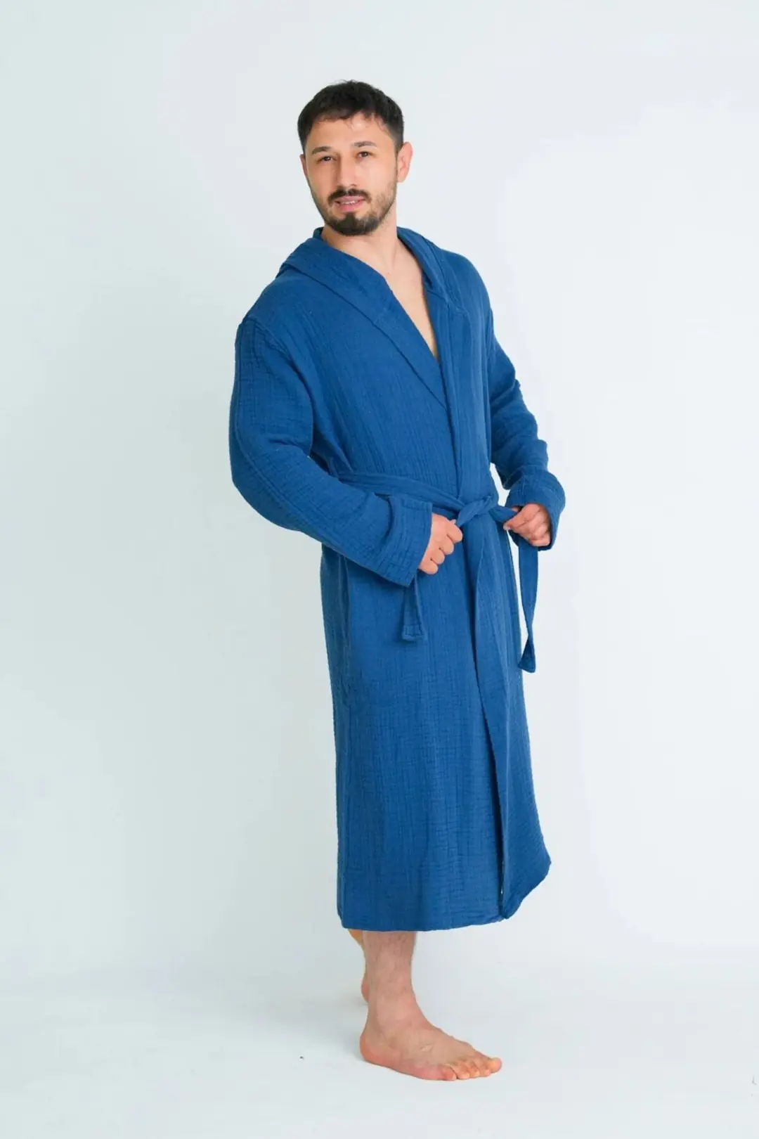%100 Pamuk 4 Kat Müslin Unisex Kapüşonlu Bornoz - Lacivert