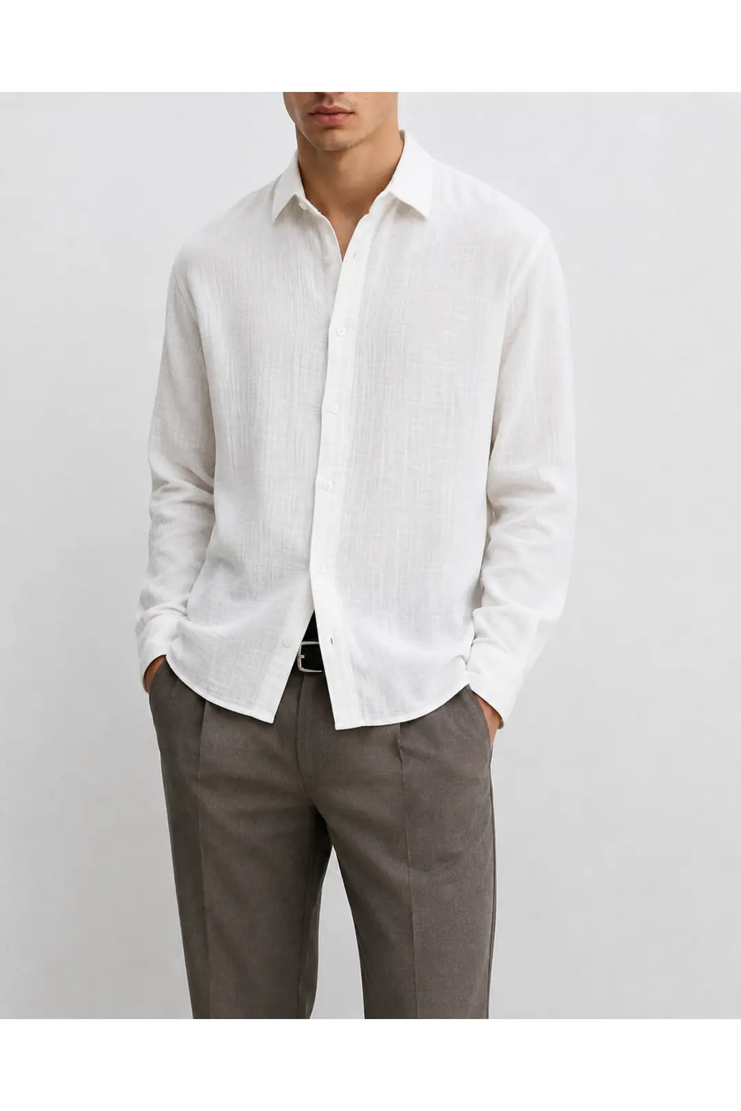 %100 Pamuk Muslin Erkek Gömlek – Oversize, Uzun Kollu, Düğmeli