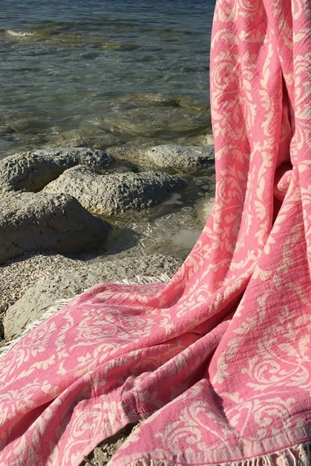 %100 Pamuk Peştamal - Spa & Plaj - Barok Desenli Pembe - 90x170 cm