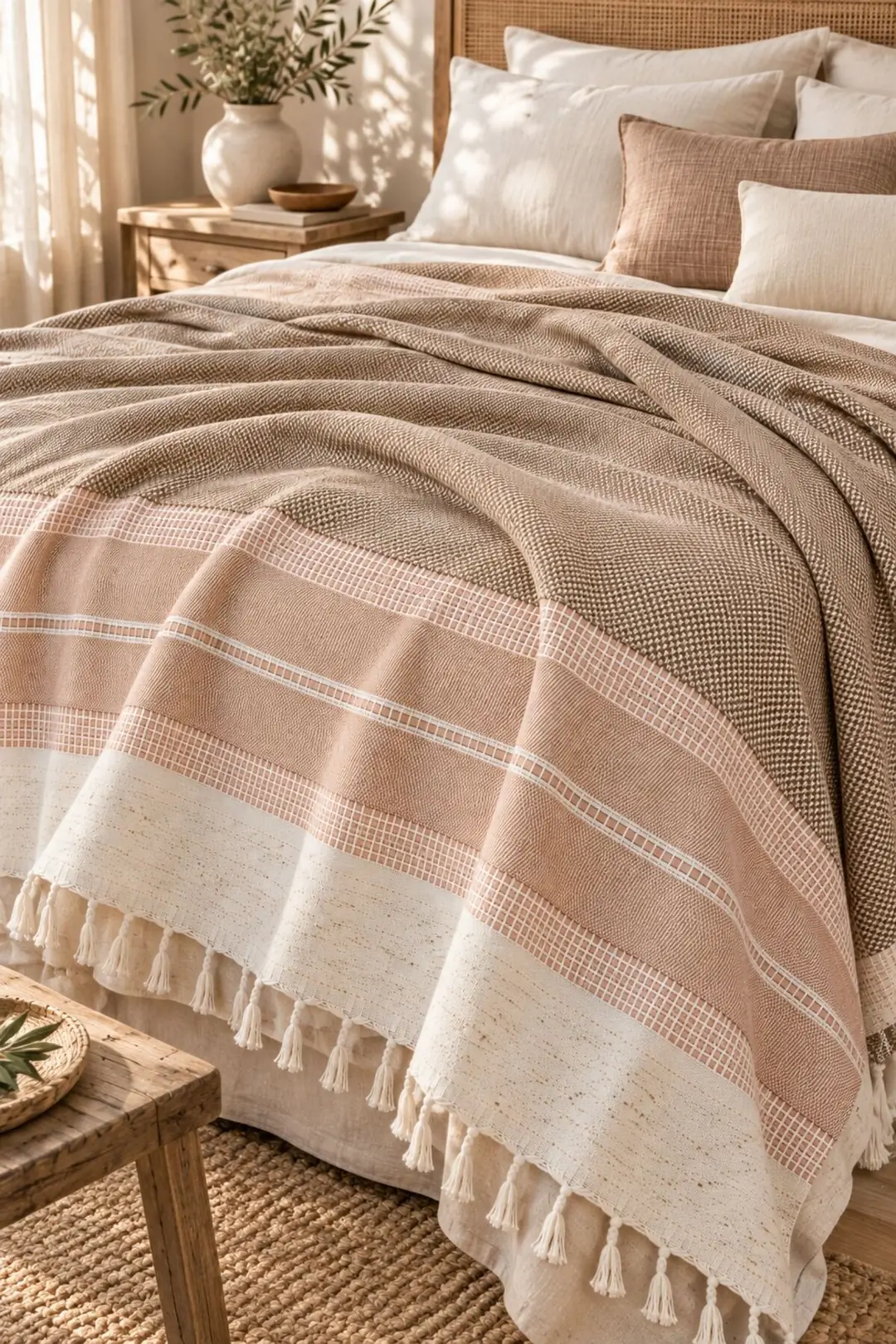 Buldan Kara Desen %100 Pamuk Çift Kişilik Yatak Örtüsü, Pike & Koltuk Örtüsü Şalı - Kahverengi  200cm x 220cm