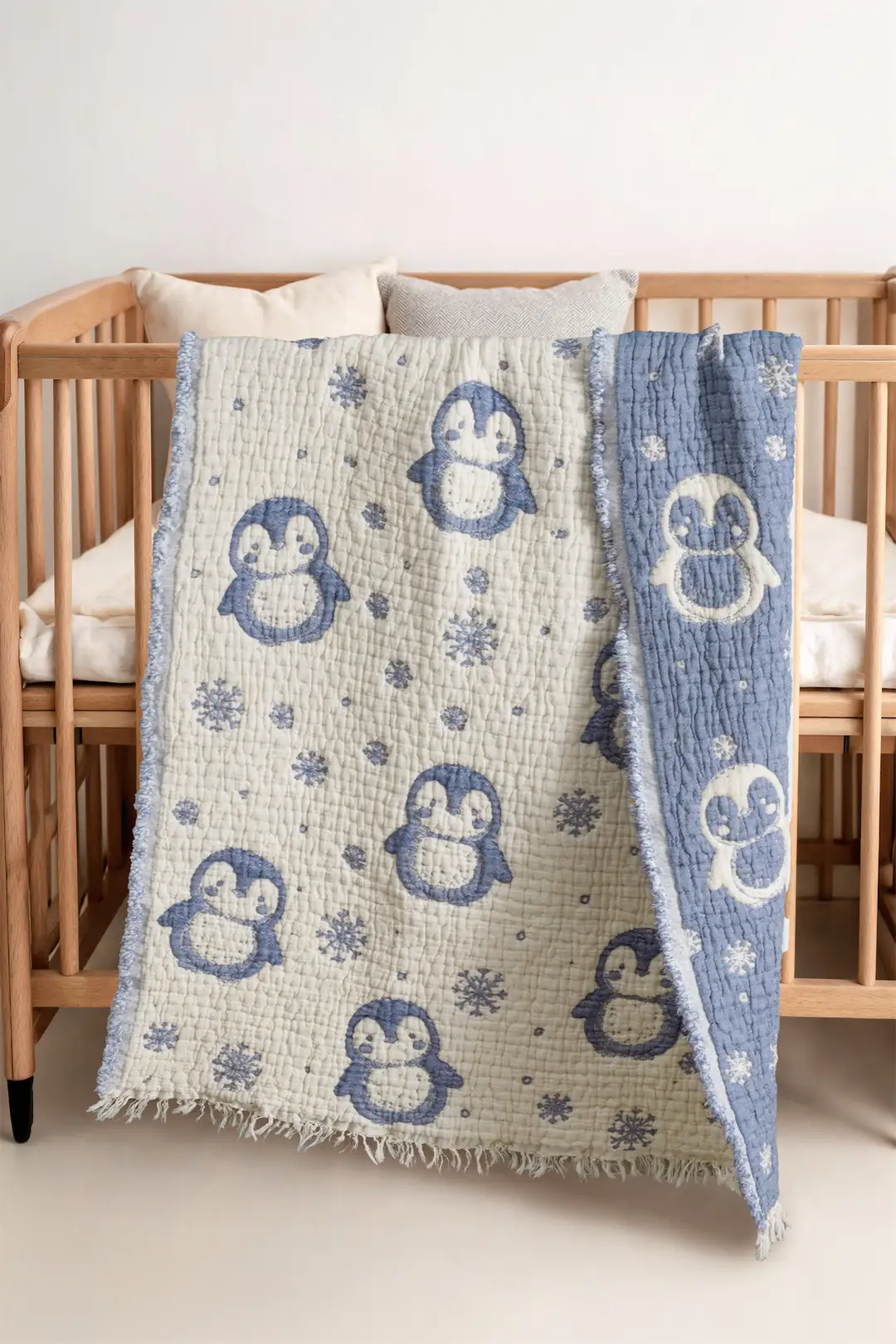 Ürün görseli:   %100 Pamuk Müslin Bebek Örtüsü Penguen Desen - Mavi 80x110 cm - mavi