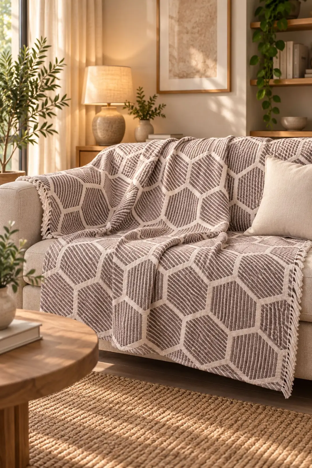 Ürün görseli: Petek %100 Pamuk Jakarlı Throw & Battaniye - Koltuk Şalı 180x220cm - Kahverengi