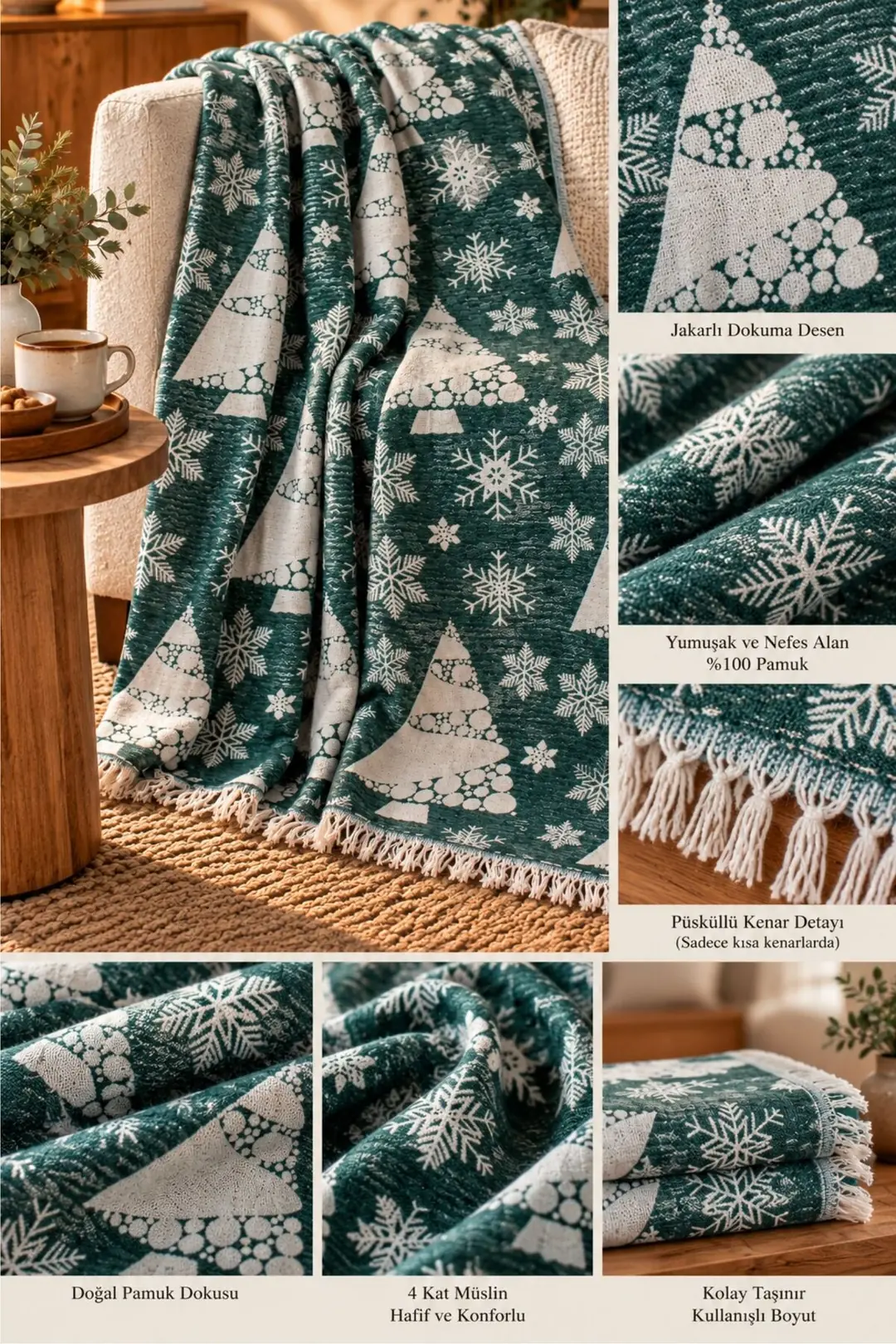Winter %100 Pamuk Jakarlı Throw & Battaniye - Koltuk Şalı 140x210cm