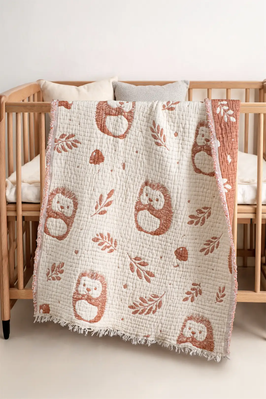 Ürün görseli: %100 Pamuk Müslin Bebek Örtüsü - Kirpi Desen - Kiremit - 80x110 cm