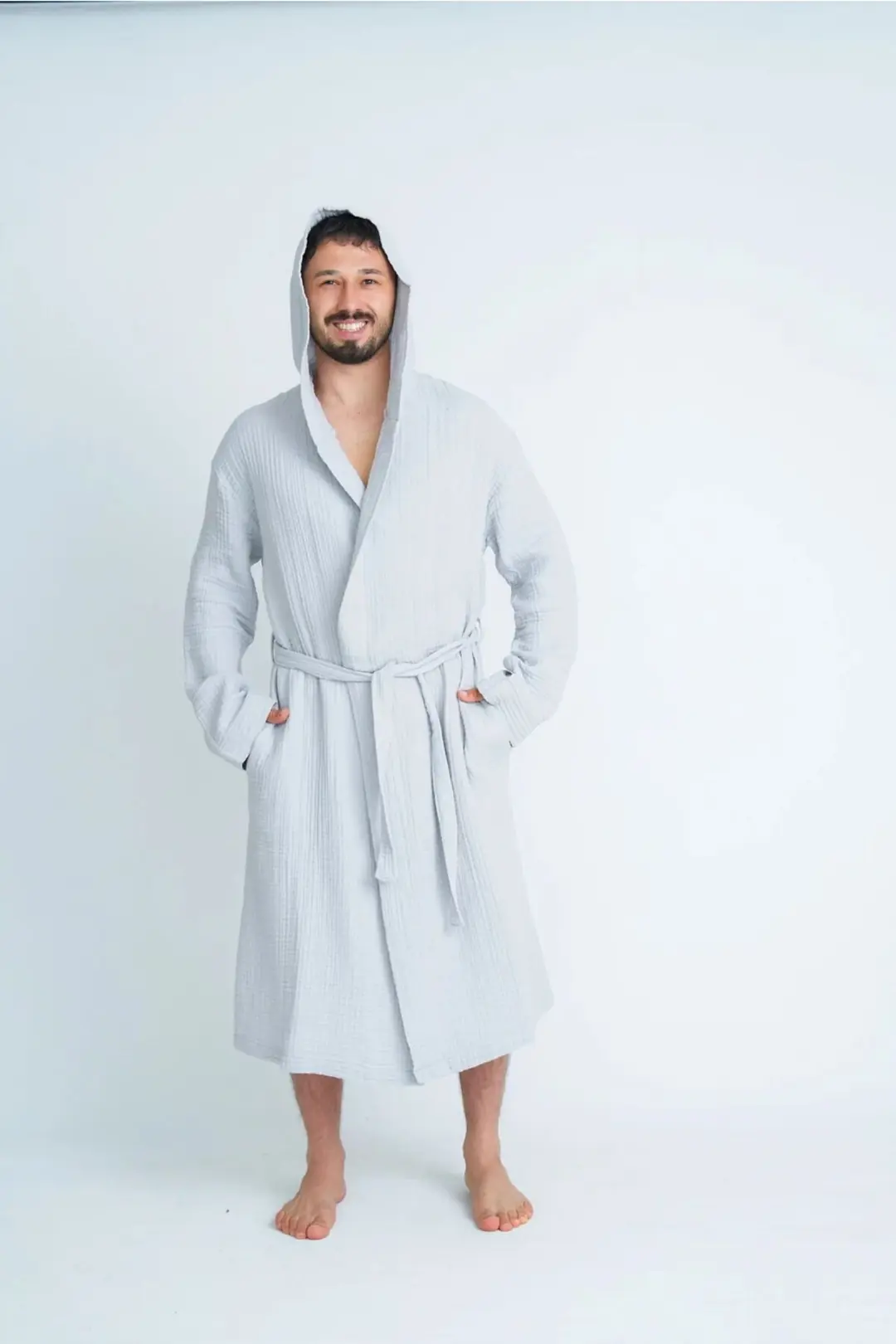 %100 Pamuk 4 Kat Müslin Unisex Kapüşonlu Bornoz - Gri