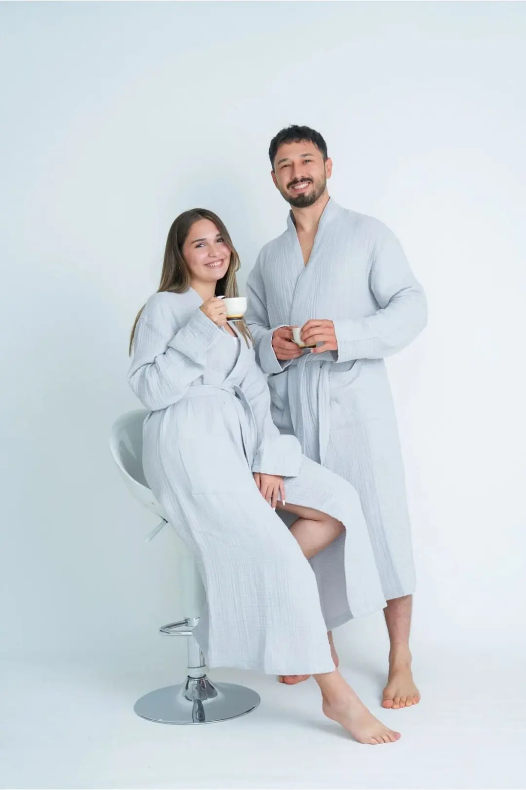 %100 Pamuk 4 Kat Müslin Unisex Kapüşonlu Bornoz - Gri