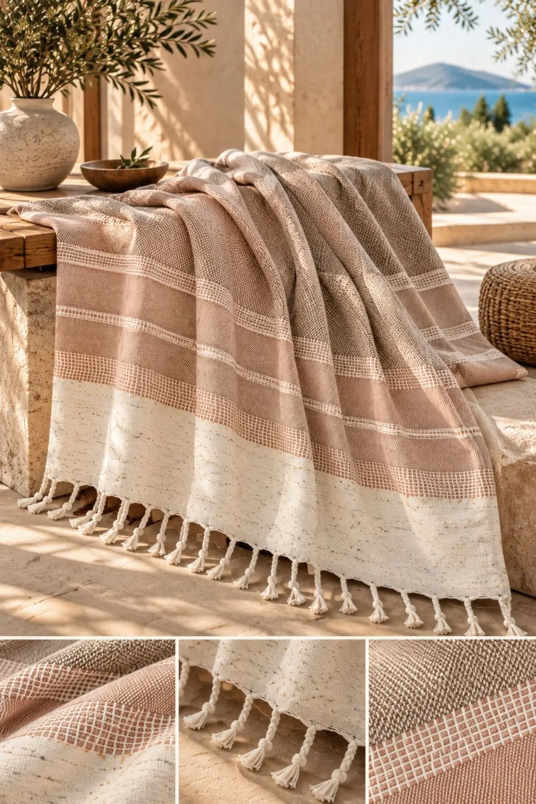 Buldan Kara Desen %100 Pamuk Çift Kişilik Yatak Örtüsü, Pike & Koltuk Örtüsü Şalı - Kahverengi  200cm x 220cm