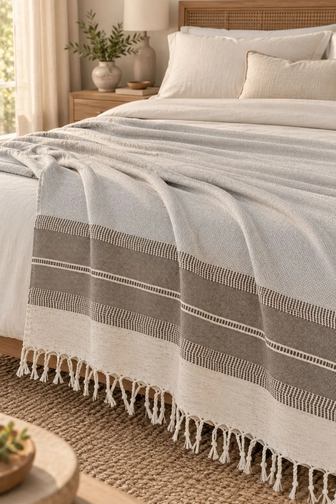 Buldan Kara Desen %100 Pamuk Çift Kişilik Yatak Örtüsü, Pike & Koltuk Örtüsü Şalı - Gri  200cm x 220cm