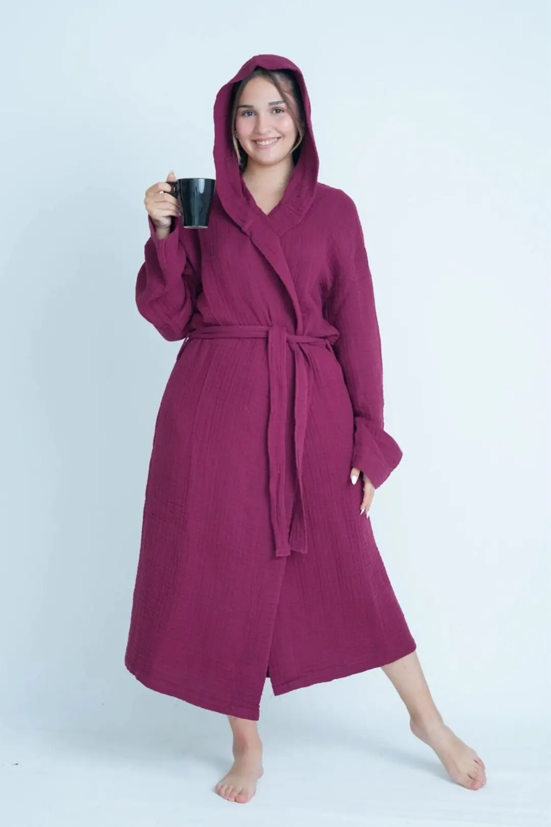 %100 Pamuk 4 Kat Müslin Unisex Kapüşonlu Bornoz - Bordo