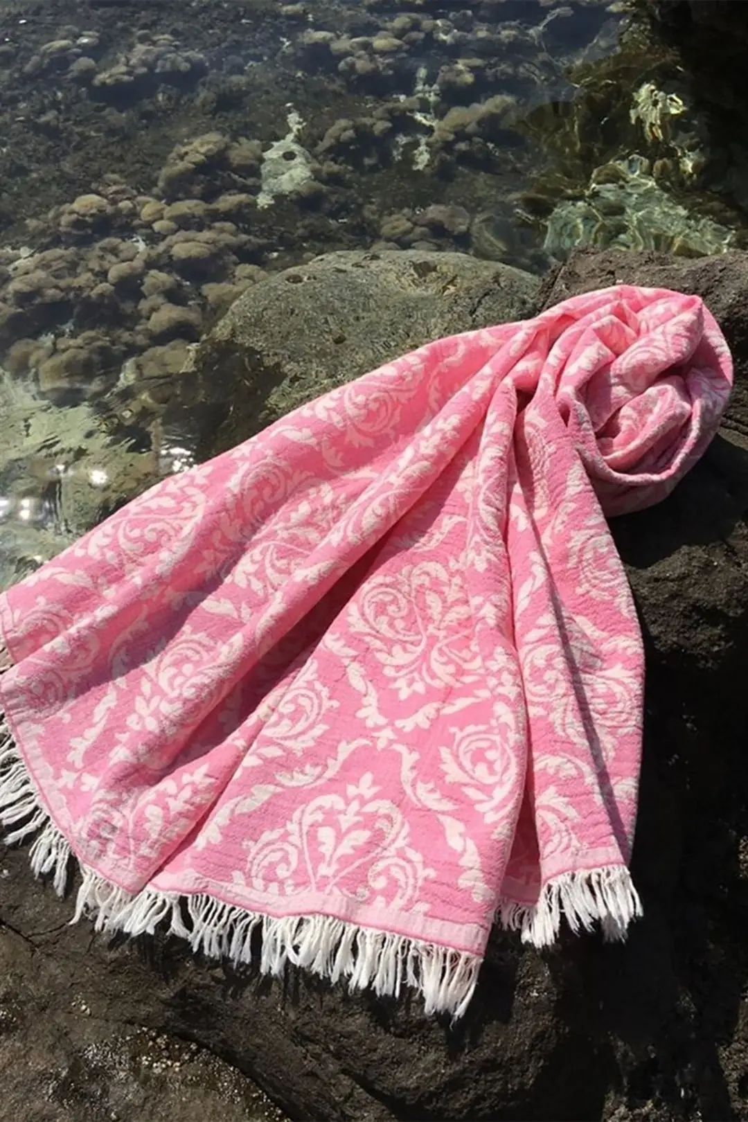 %100 Pamuk Peştamal - Spa & Plaj - Barok Desenli Pembe - 90x170 cm