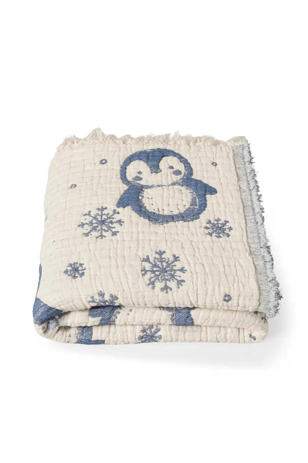   %100 Pamuk Müslin Bebek Örtüsü Penguen Desen - Mavi 80x110 cm
