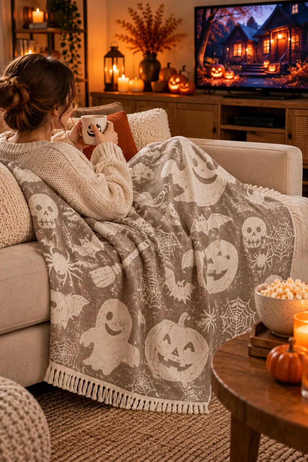 Halloven %100 Pamuk Jakarlı Throw & Battaniye - Koltuk Şalı 140x210cm